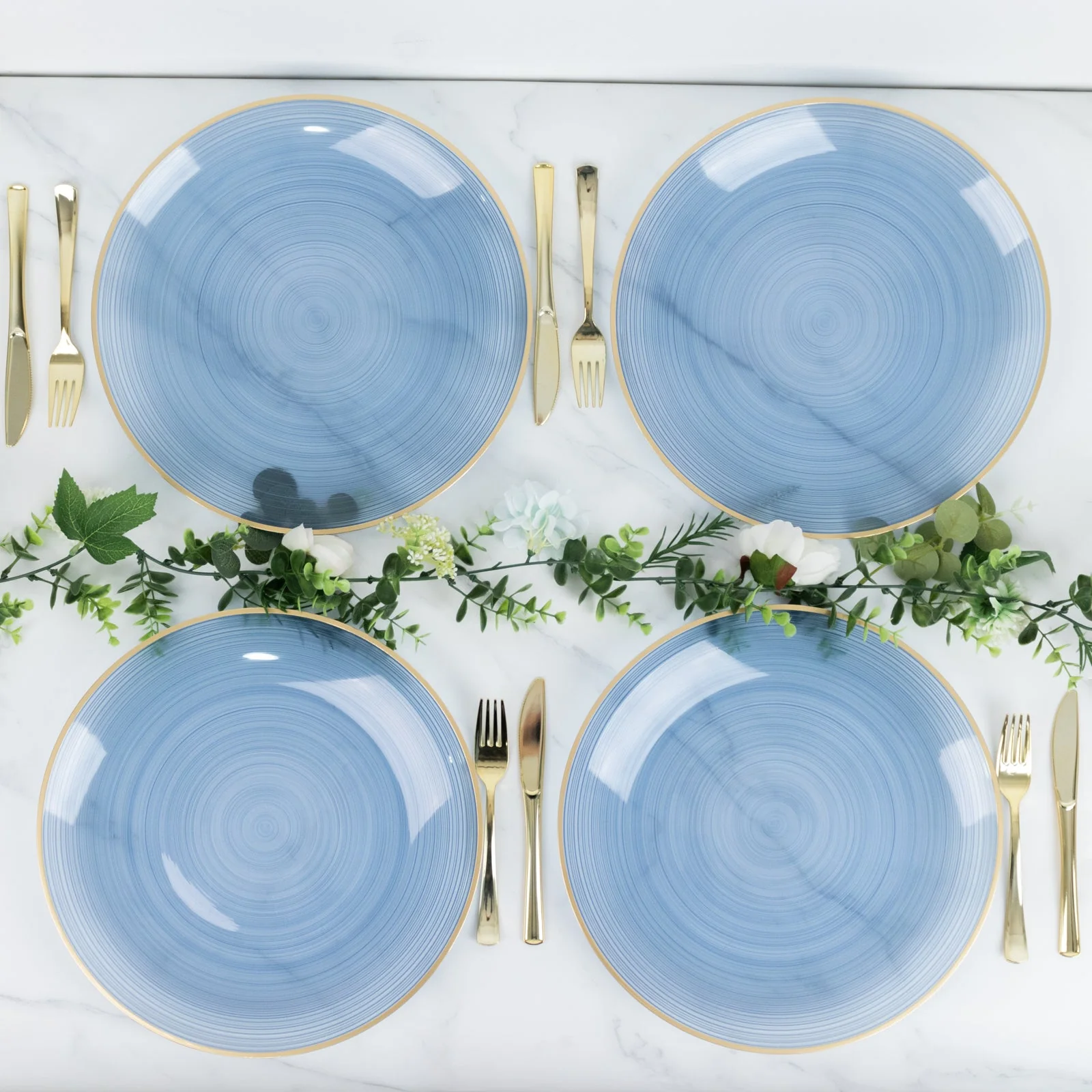 20 Pack Economy Plastic Charger Plates 13" – Transparent Dusty Blue Swirl Design with Gold Rim, Stylish Table Chargers - Image 6