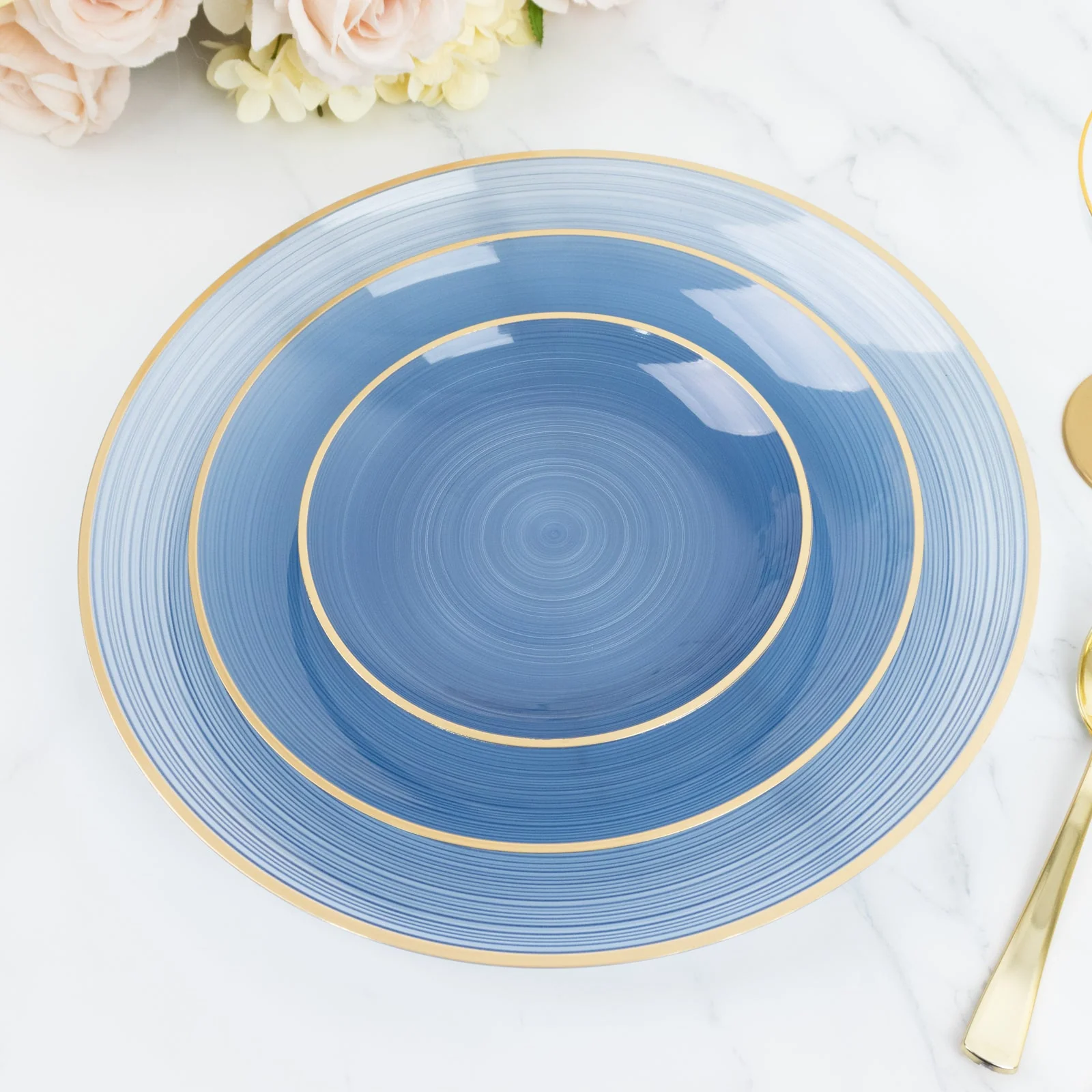20 Pack Economy Plastic Charger Plates 13" – Transparent Dusty Blue Swirl Design with Gold Rim, Stylish Table Chargers - Image 8