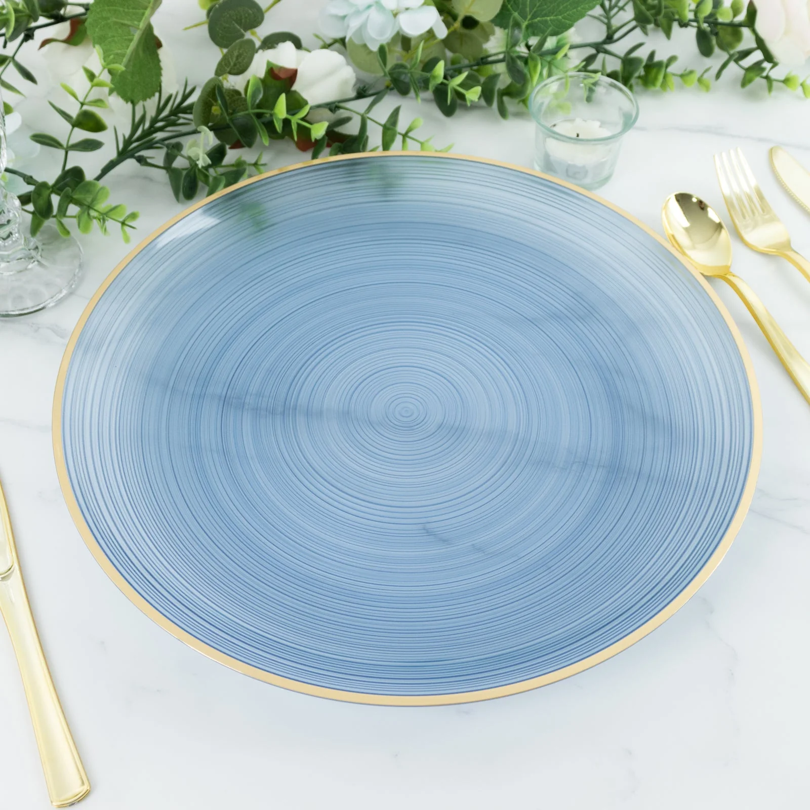 20 Pack Economy Plastic Charger Plates 13" – Transparent Dusty Blue Swirl Design with Gold Rim, Stylish Table Chargers - Image 9