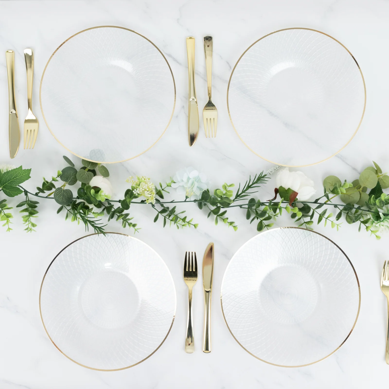 20-Pack Round Plastic Dinner Plates – Clear 10" Radial Diamond-Cut Pattern Gold Rim Party Plates, Durable Disposable Tableware - Image 5