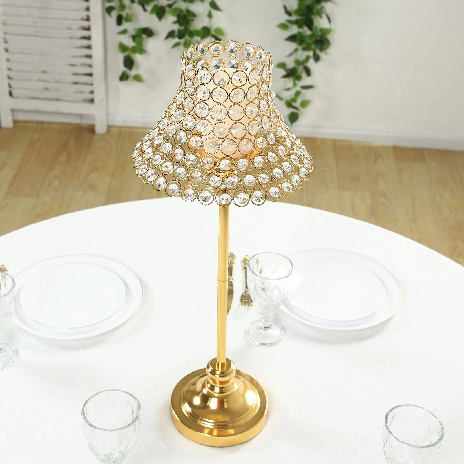 24" Tall Gold Centerpiece Stand with Crystal Beaded Lamp-Style Shade – Wedding & Event Candle Holder - Image 3