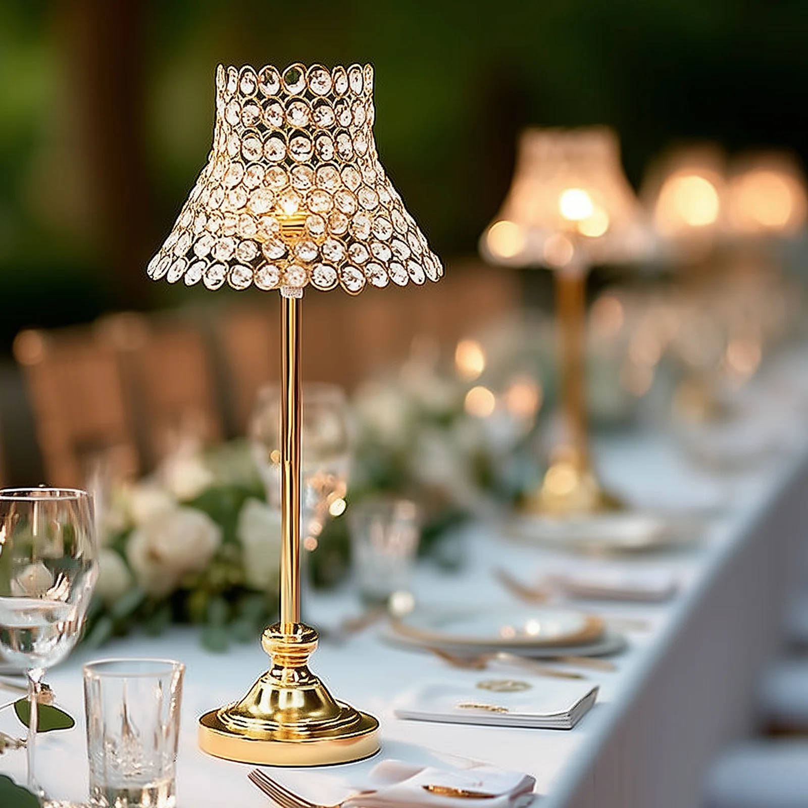 24" Tall Gold Centerpiece Stand with Crystal Beaded Lamp-Style Shade – Wedding & Event Candle Holder - Image 6
