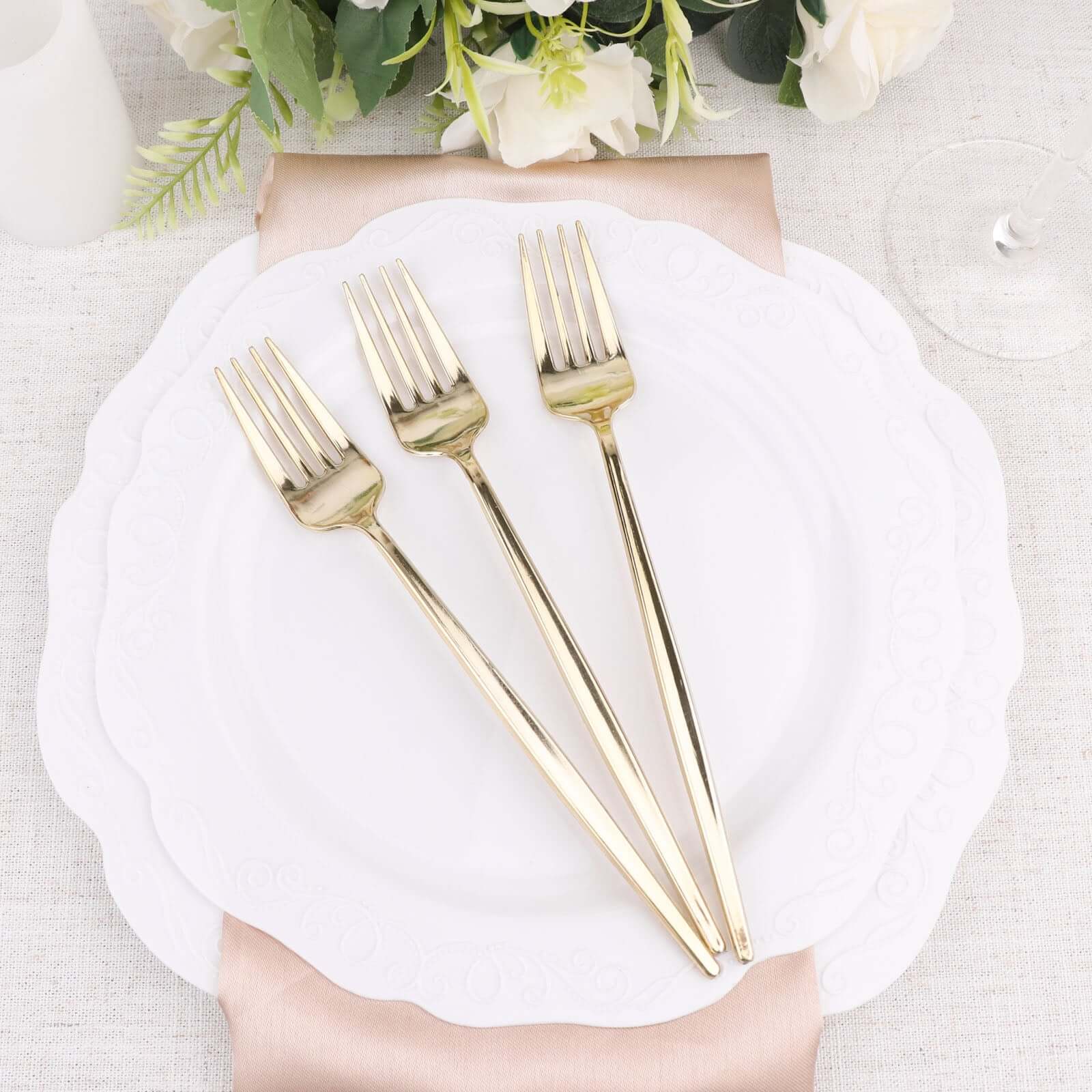 24 Pack Glossy Gold Heavy Duty Plastic Silverware Forks Cutlery, Premium Disposable Sleek Flatware 8" - Image 7