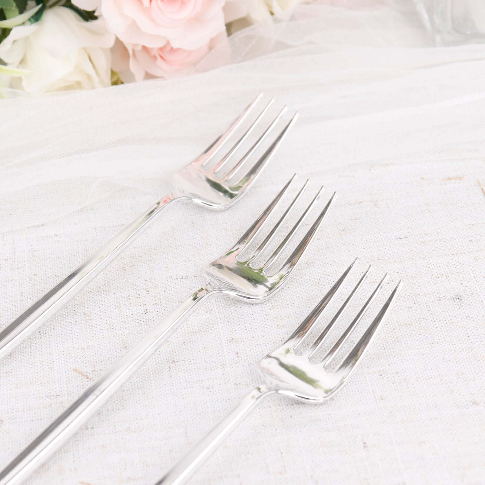 24 Pack Glossy Silver Heavy Duty Plastic Silverware Forks, Shiny Cutlery, Premium Disposable Flatware 8" - Image 2