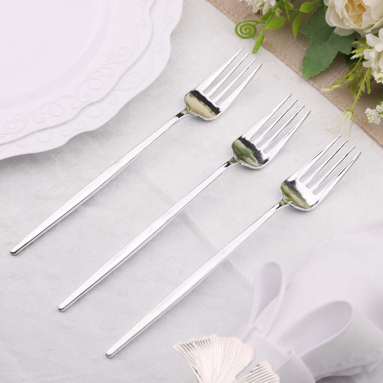 24 Pack Glossy Silver Heavy Duty Plastic Silverware Forks, Shiny Cutlery, Premium Disposable Flatware 8" - Image 6