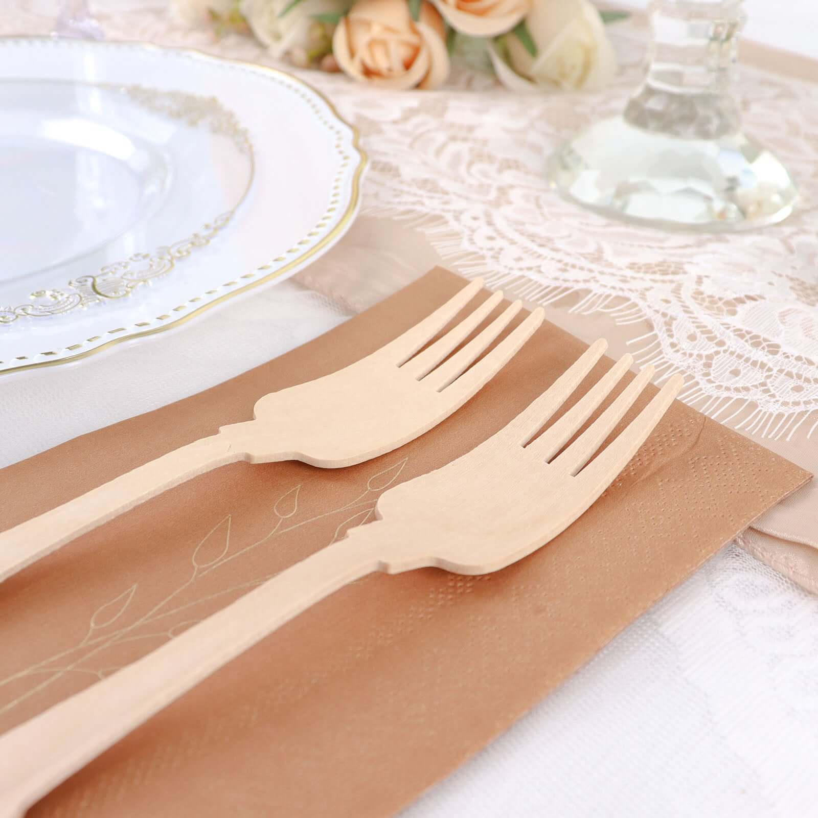 24-Pack Birchwood Forks 7.5" Natural Vintage Baroque Design - Eco-Friendly Disposable Wooden Cutlery for BBQs, Picnics & Rustic-Themed Events - Image 2