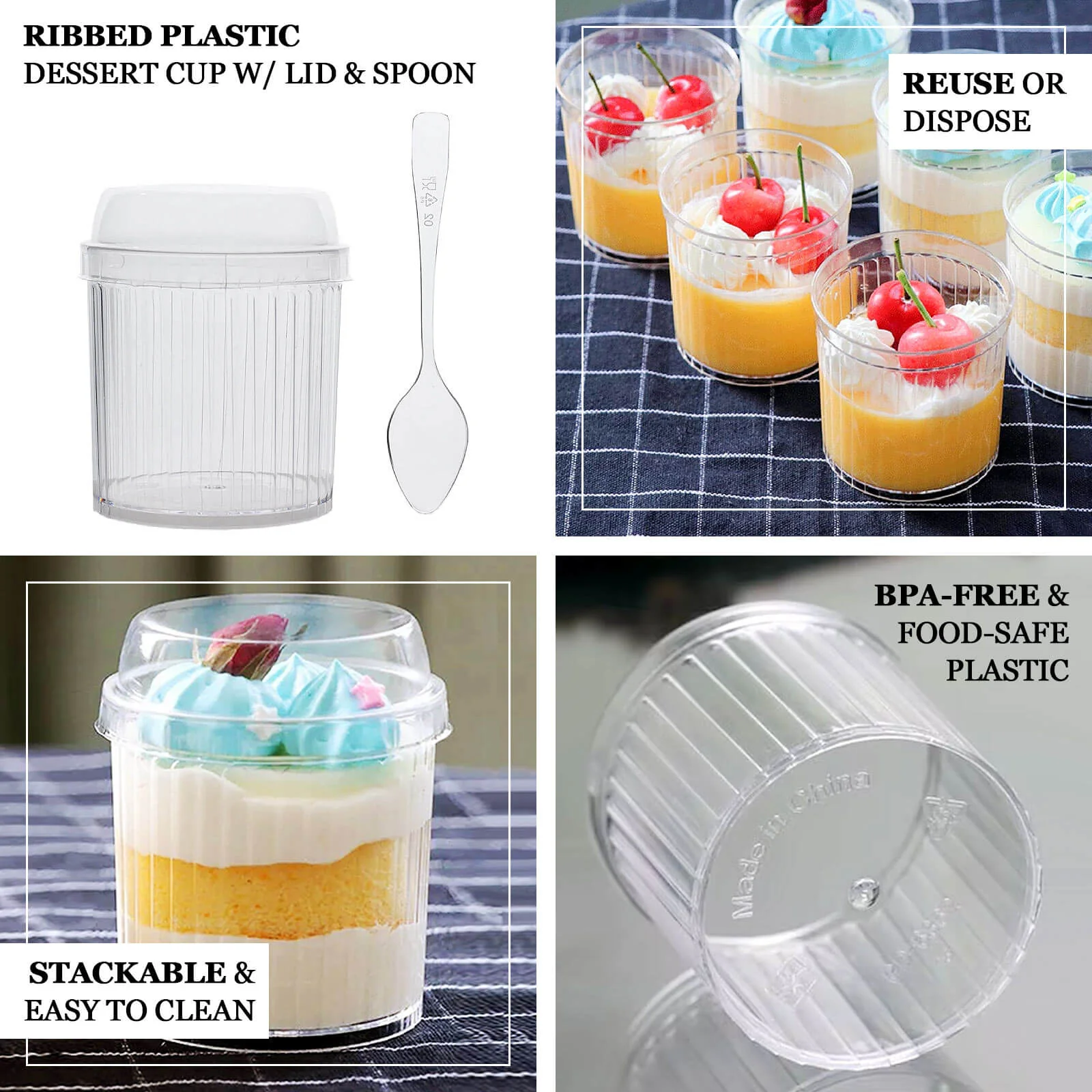 24-Pack Clear Ribbed Plastic Fruit Dessert Cups 5oz, Lids and Spoons Included - Mini Disposable Parfait Ice Cream Cups - Image 3