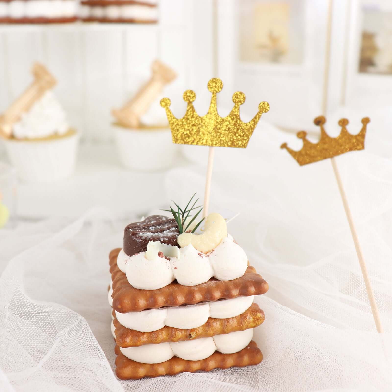 24-Pack Cupcake Topper Picks 5" Royal Crown Design Glitter Gold - Party Cake Toppers - Image 10