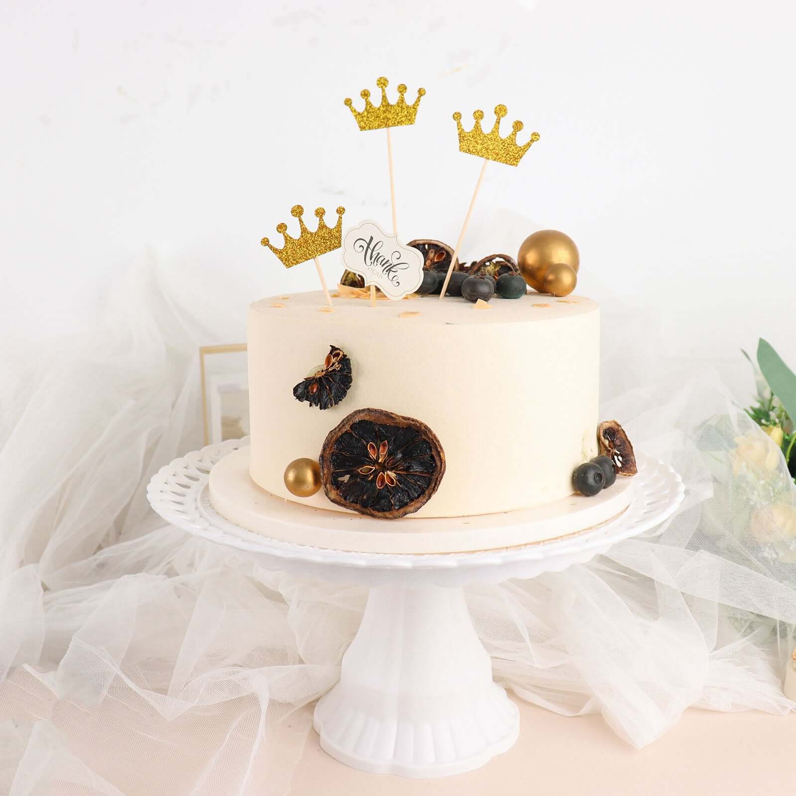 24-Pack Cupcake Topper Picks 5" Royal Crown Design Glitter Gold - Party Cake Toppers - Image 11