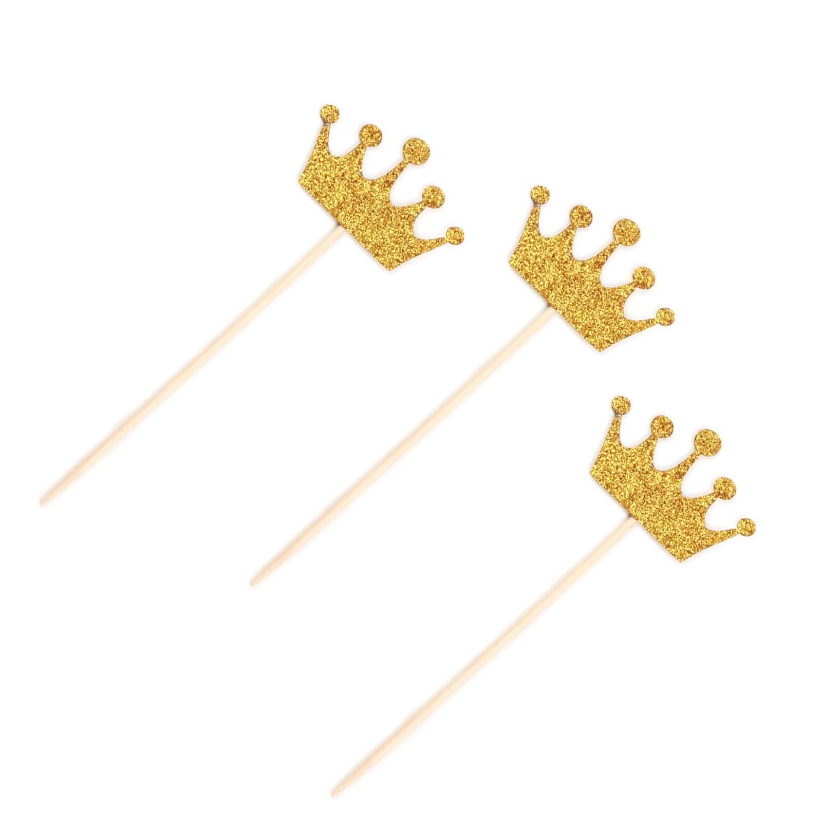 24-Pack Cupcake Topper Picks 5" Royal Crown Design Glitter Gold - Party Cake Toppers - Image 13