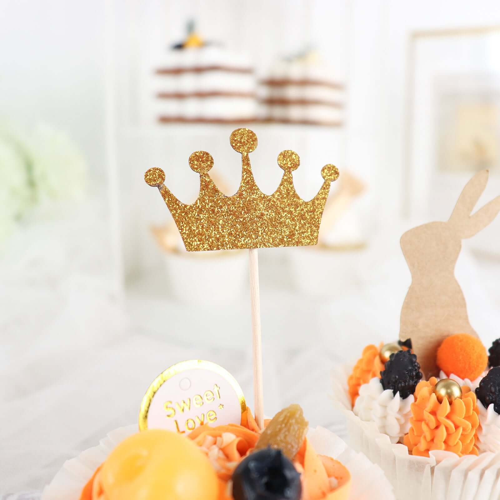 24-Pack Cupcake Topper Picks 5" Royal Crown Design Glitter Gold - Party Cake Toppers - Image 9