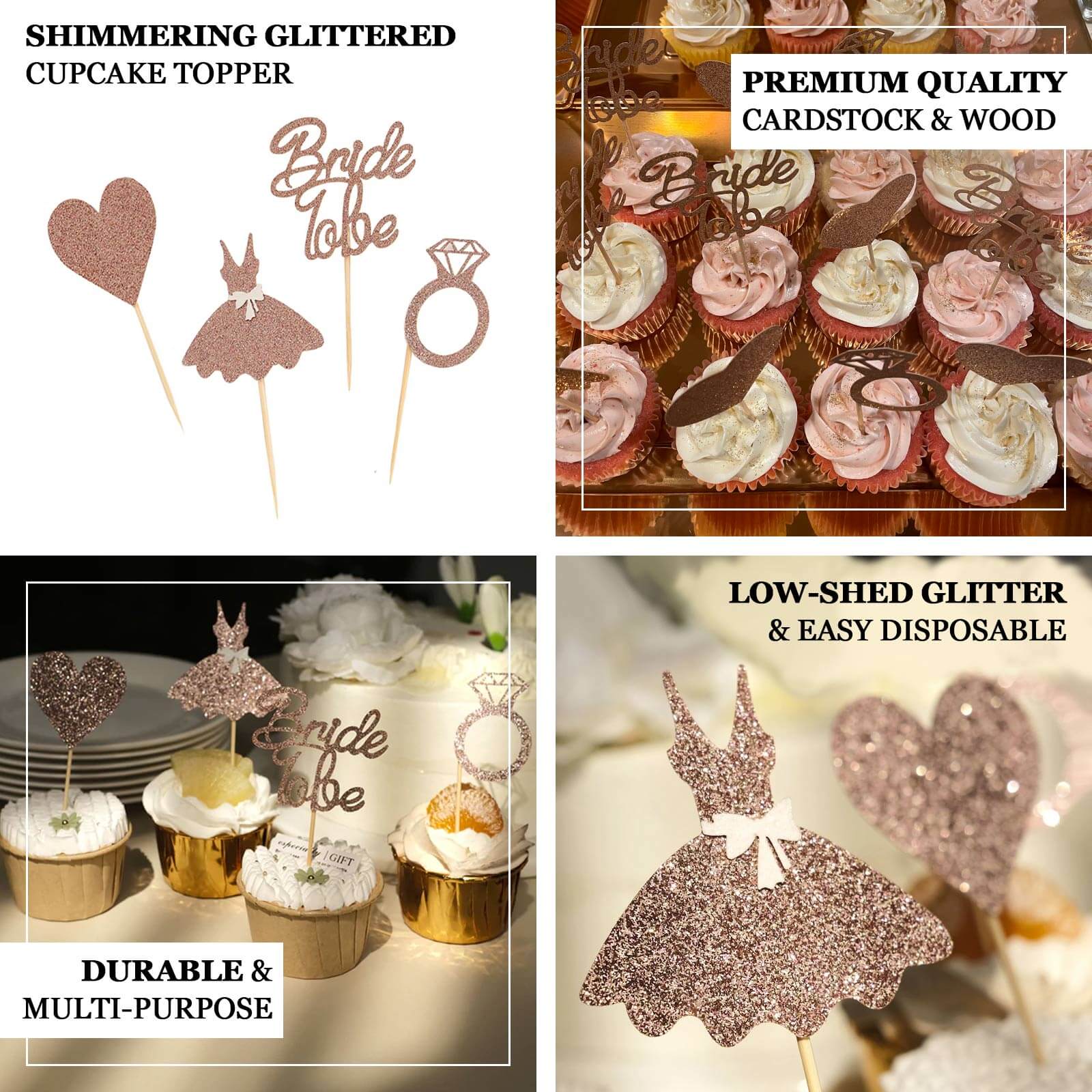 24-Pack Cupcake Topper Picks Rose Gold Glitter Bridal Shower Design - Wedding Cake Decoration Supplies Assorted Styles - Image 4