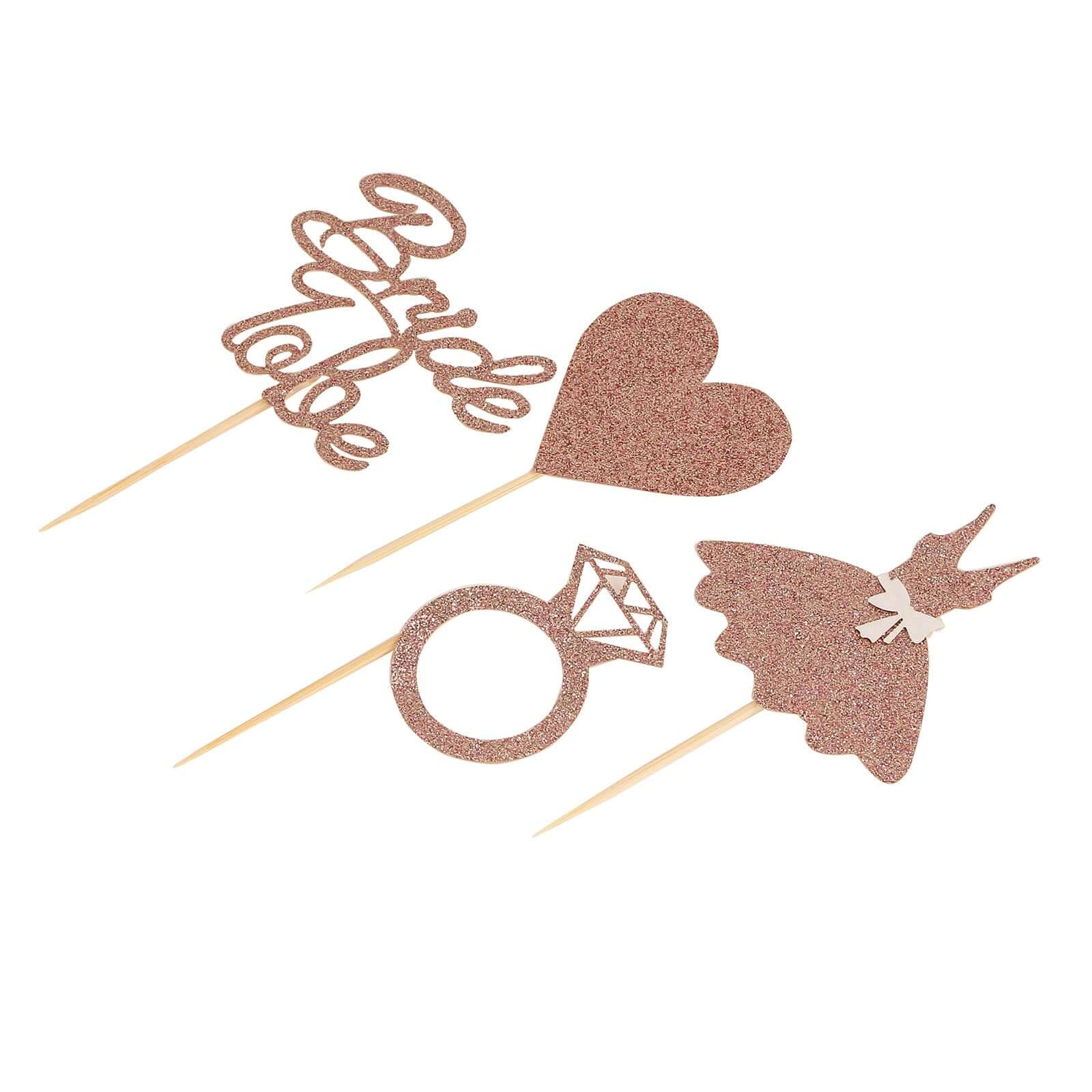 24-Pack Cupcake Topper Picks Rose Gold Glitter Bridal Shower Design - Wedding Cake Decoration Supplies Assorted Styles - Image 7