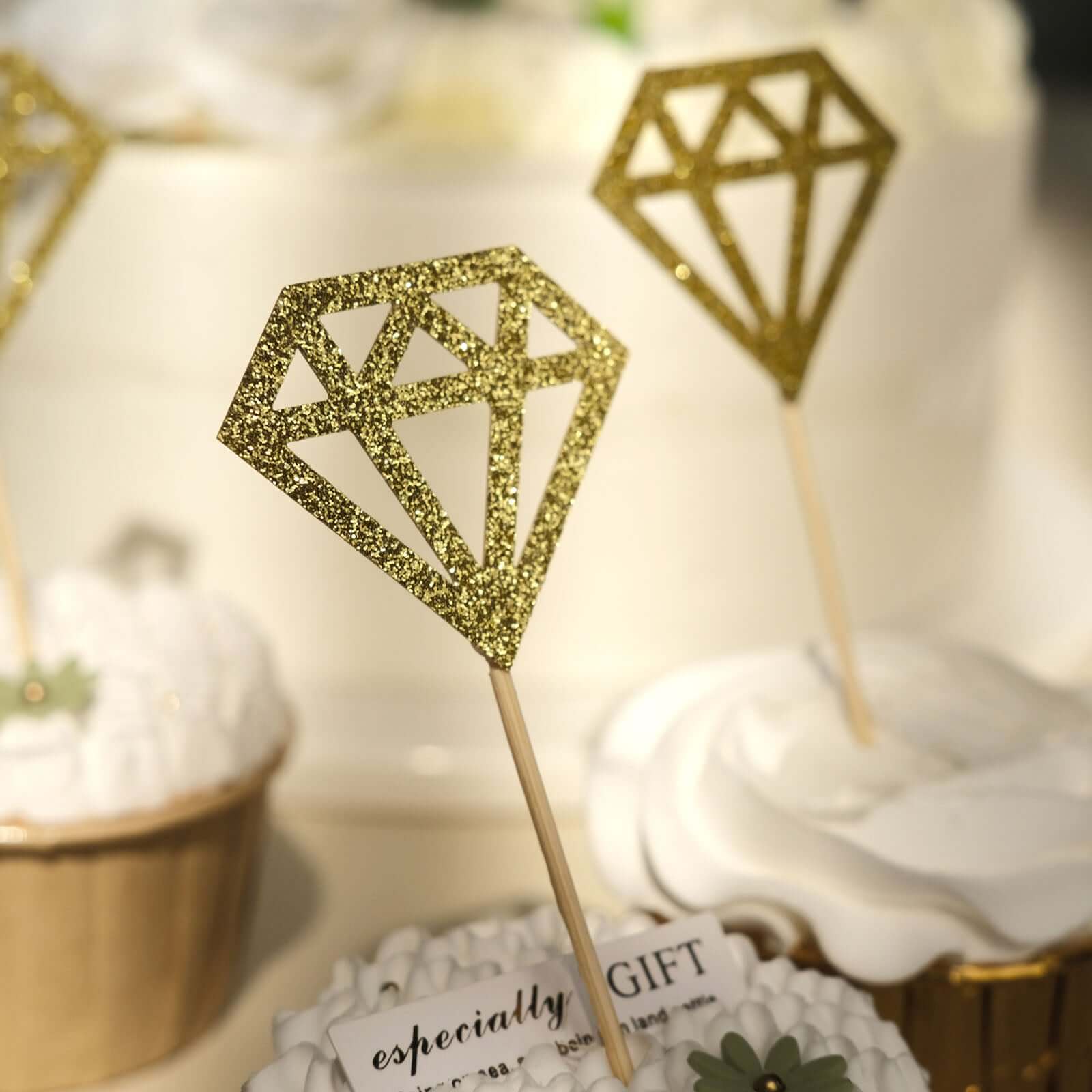 24-Pack Cupcake Toppers Glitter Gold Diamond Ring Design - Party Cake Picks Engagement Decoration Supplies - Image 15
