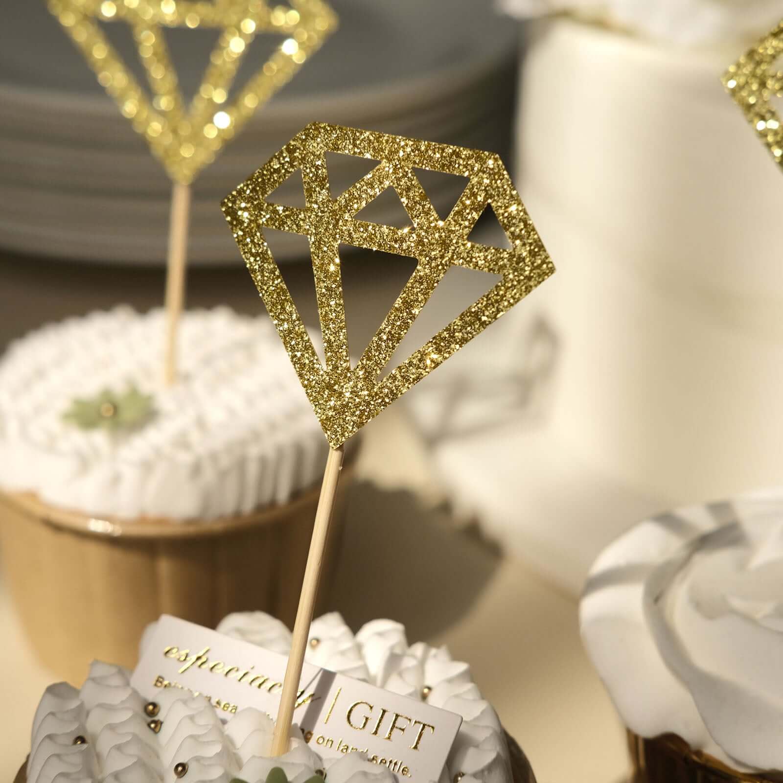 24-Pack Cupcake Toppers Glitter Gold Diamond Ring Design - Party Cake Picks Engagement Decoration Supplies - Image 16
