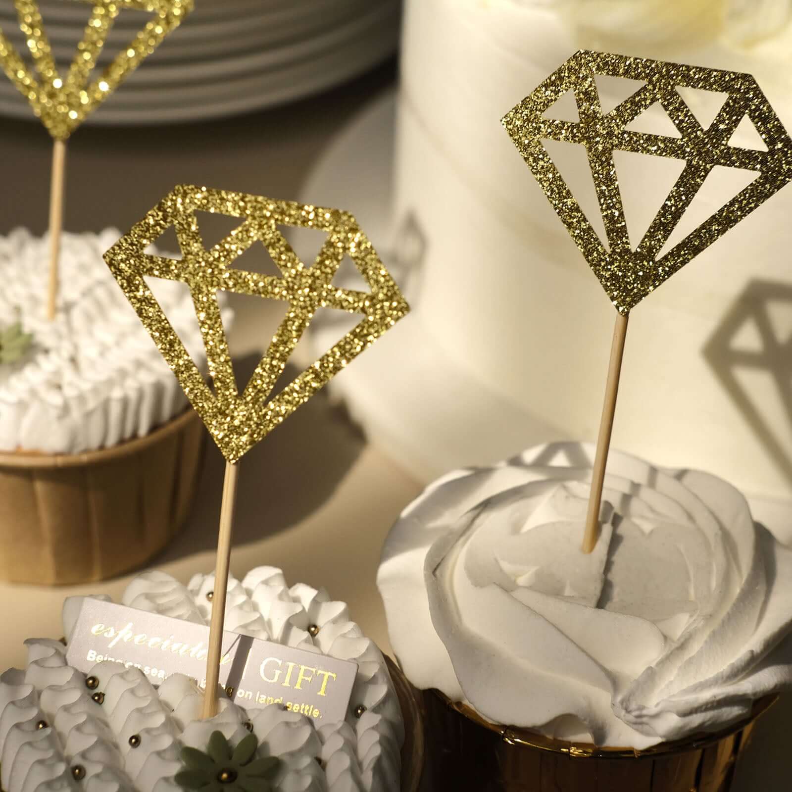 24-Pack Cupcake Toppers Glitter Gold Diamond Ring Design - Party Cake Picks Engagement Decoration Supplies - Image 17