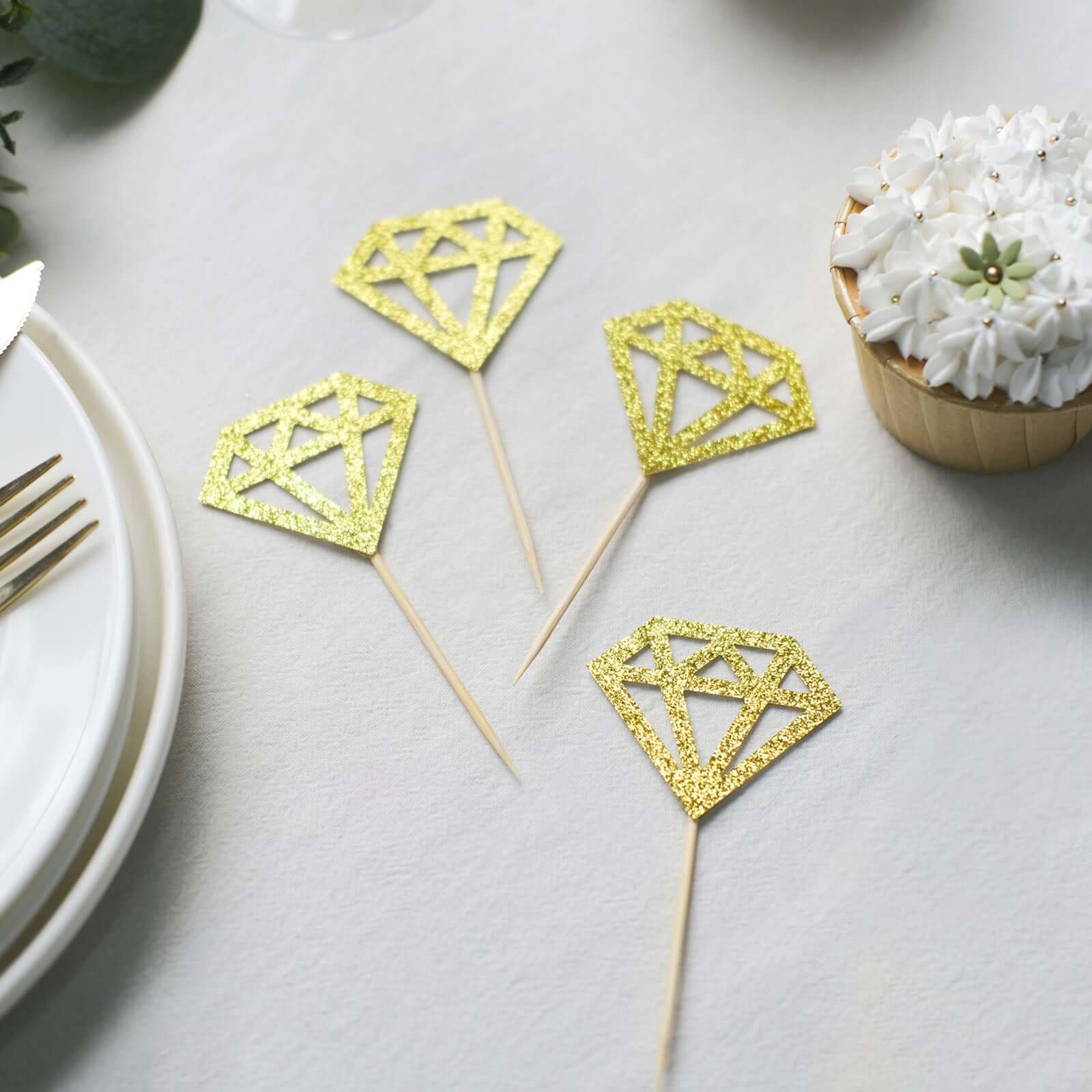 24-Pack Cupcake Toppers Glitter Gold Diamond Ring Design - Party Cake Picks Engagement Decoration Supplies - Image 2