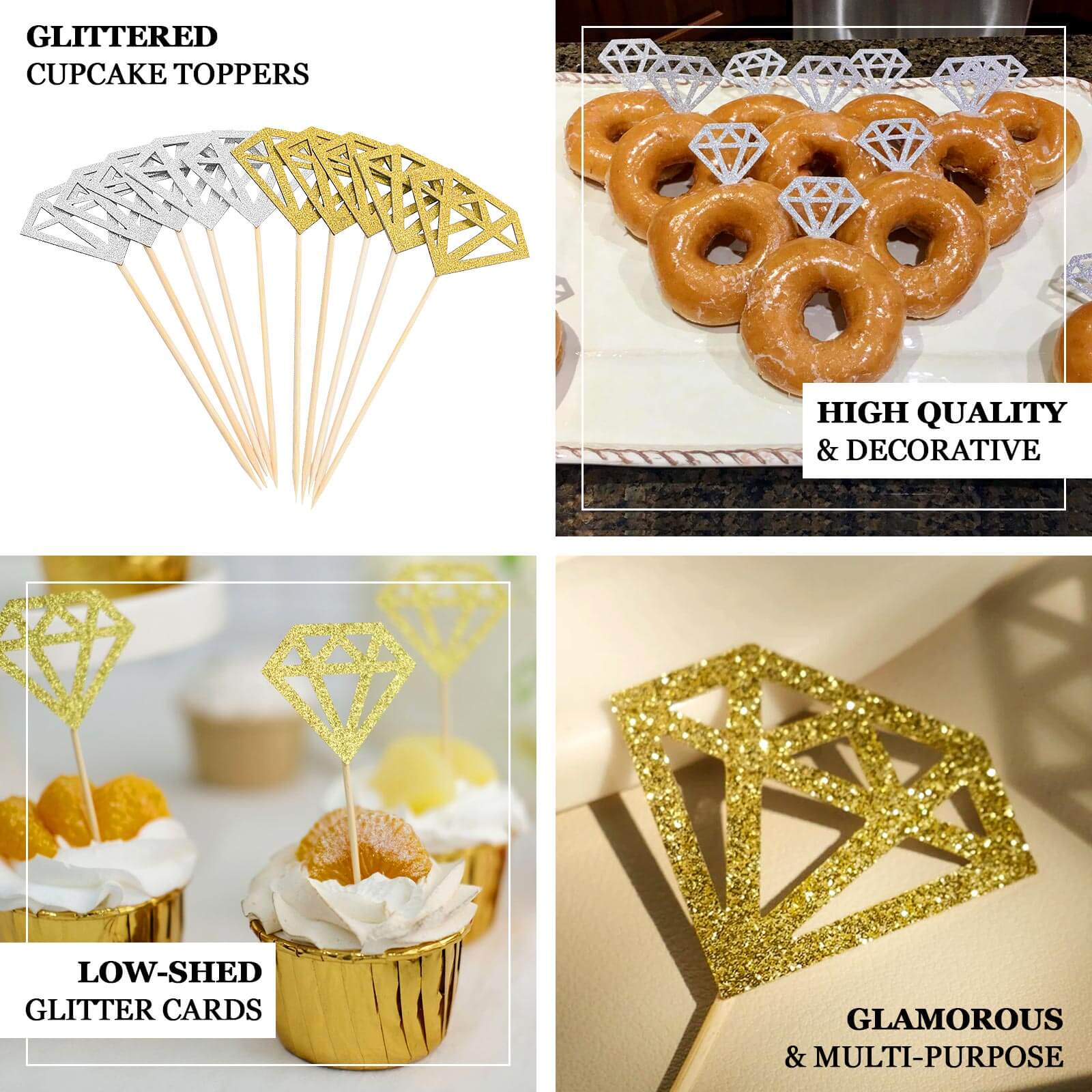 24-Pack Cupcake Toppers Glitter Gold Diamond Ring Design - Party Cake Picks Engagement Decoration Supplies - Image 4