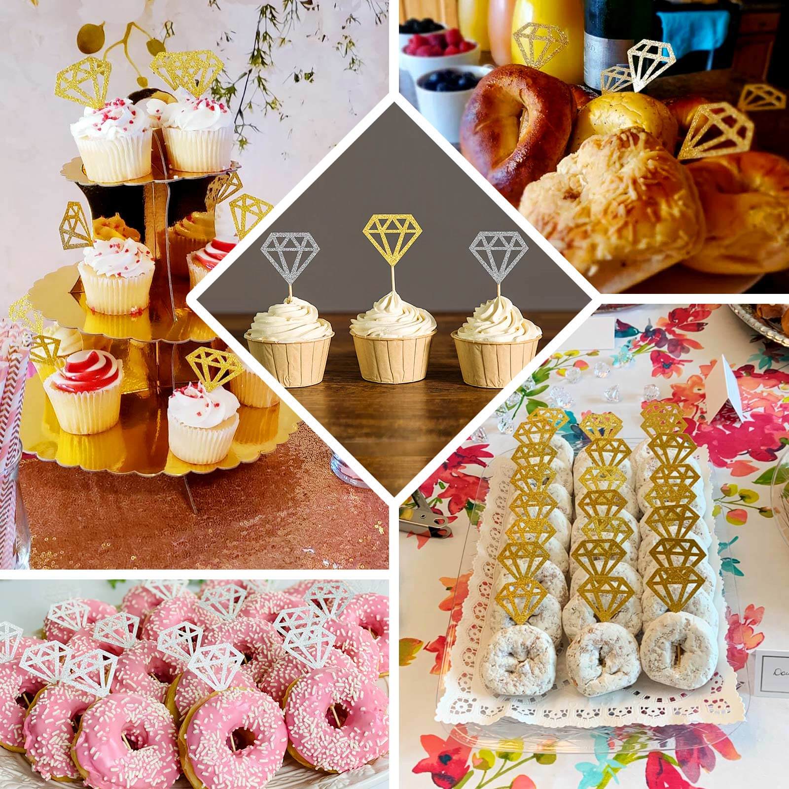 24-Pack Cupcake Toppers Glitter Gold Diamond Ring Design - Party Cake Picks Engagement Decoration Supplies - Image 5