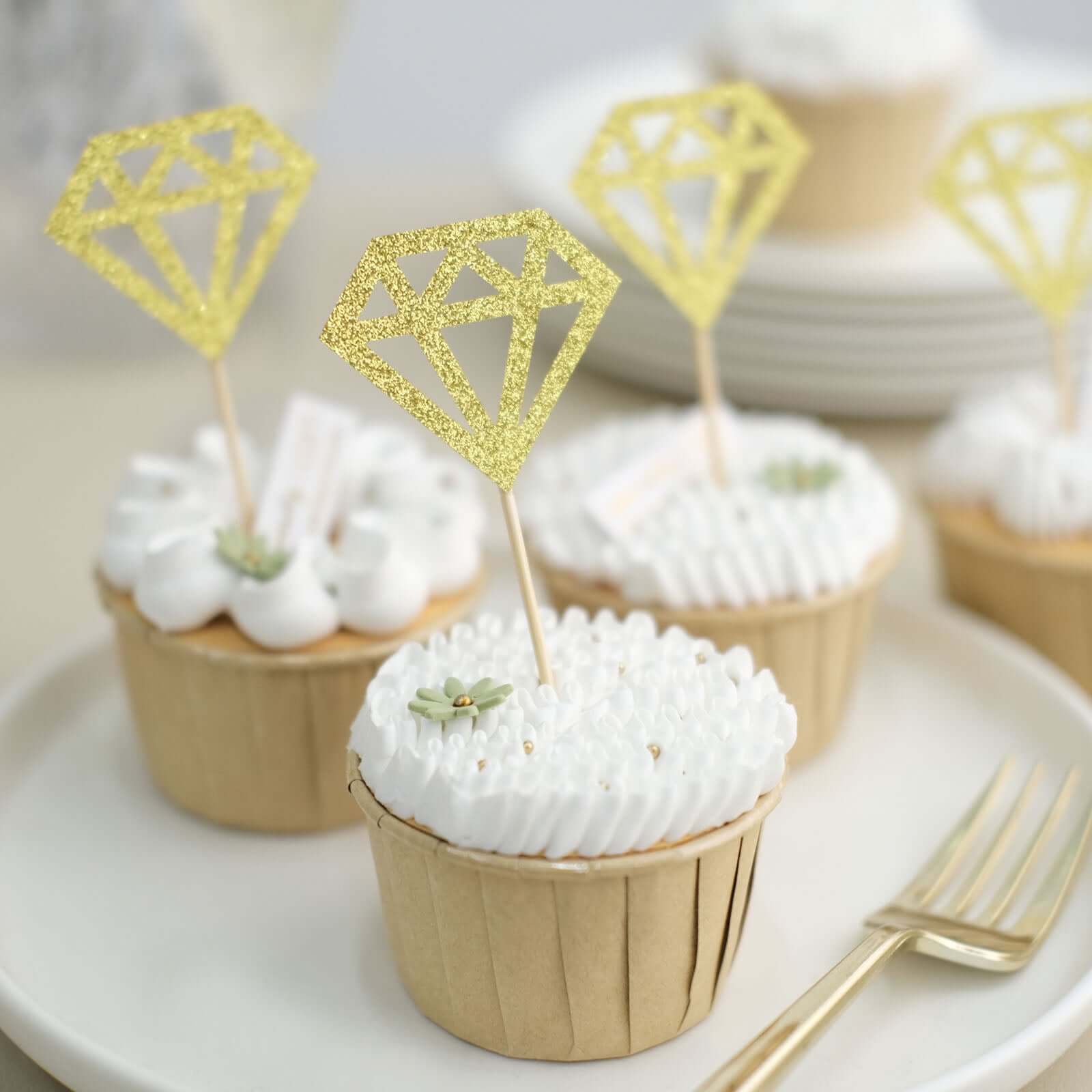 24-Pack Cupcake Toppers Glitter Gold Diamond Ring Design - Party Cake Picks Engagement Decoration Supplies - Image 7