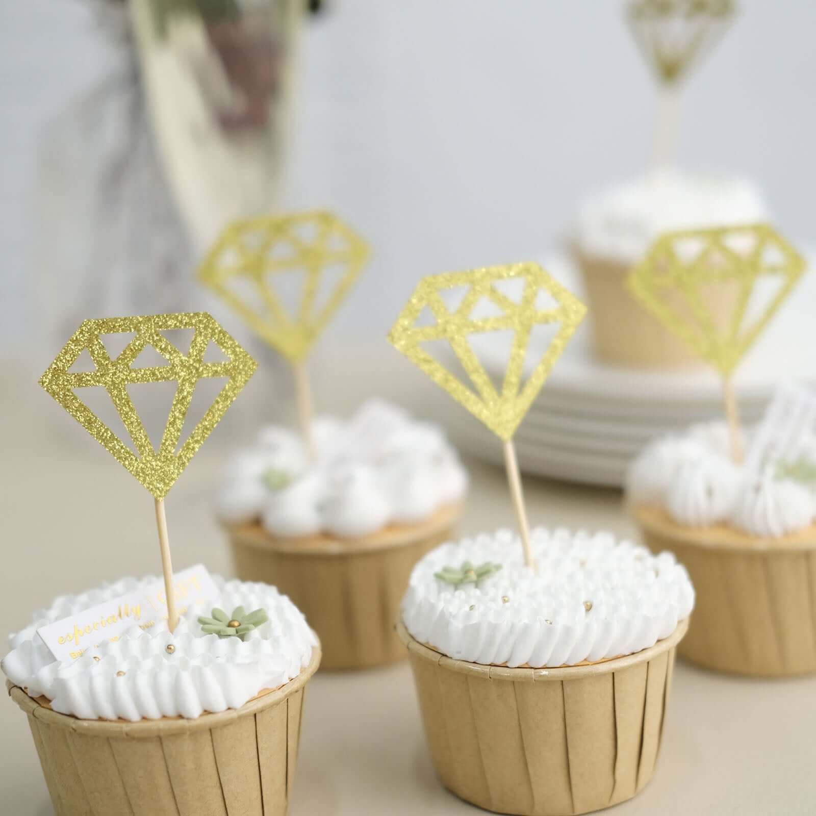 24-Pack Cupcake Toppers Glitter Gold Diamond Ring Design - Party Cake Picks Engagement Decoration Supplies - Image 8