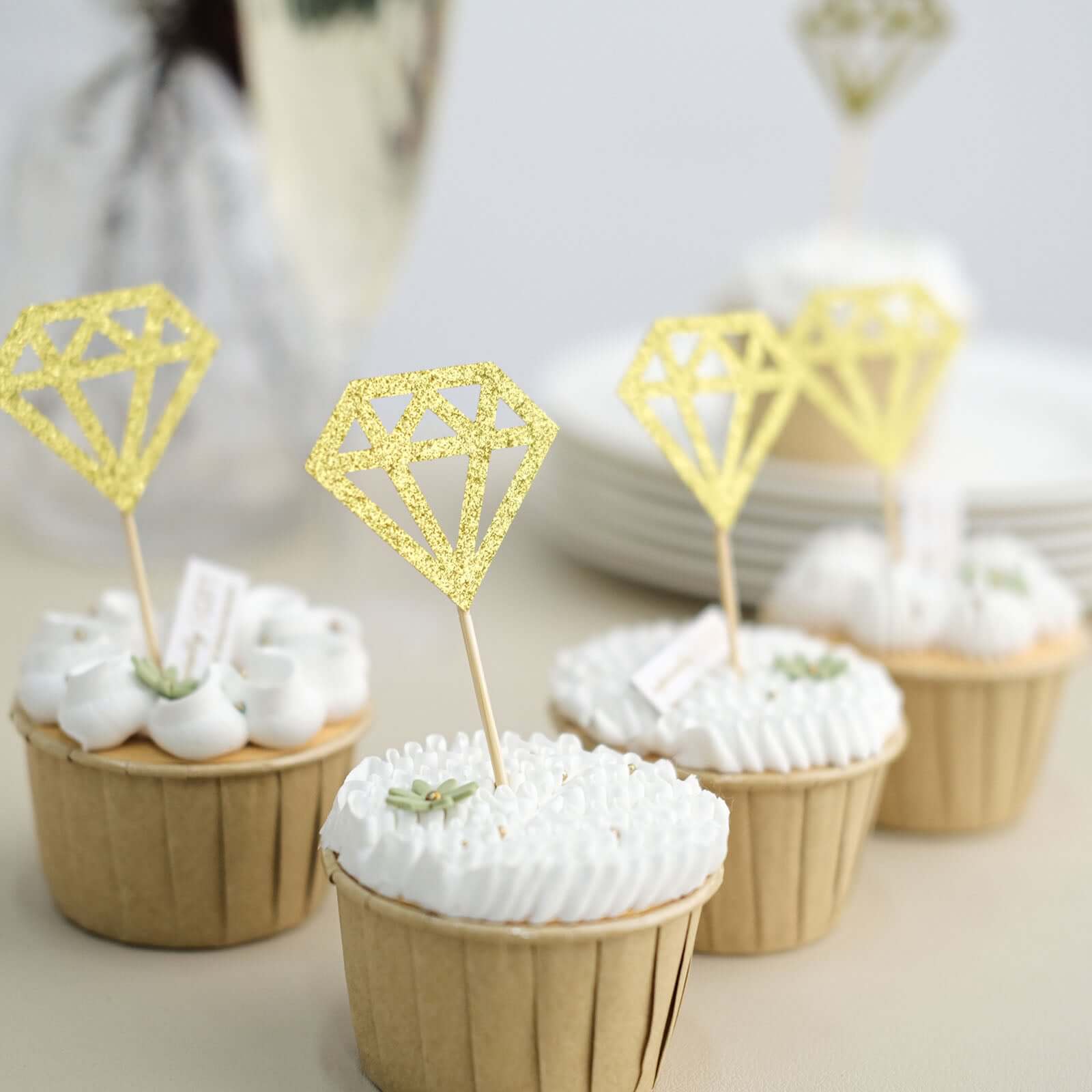 24-Pack Cupcake Toppers Glitter Gold Diamond Ring Design - Party Cake Picks Engagement Decoration Supplies - Image 9