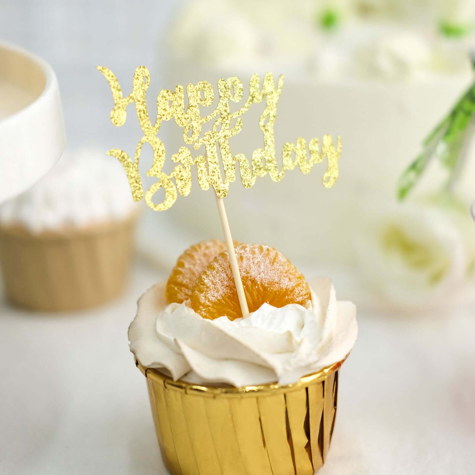 24-Pack Cupcake Toppers Glitter Gold Happy Birthday Design - Party Cake Picks Decoration Supplies - Image 12
