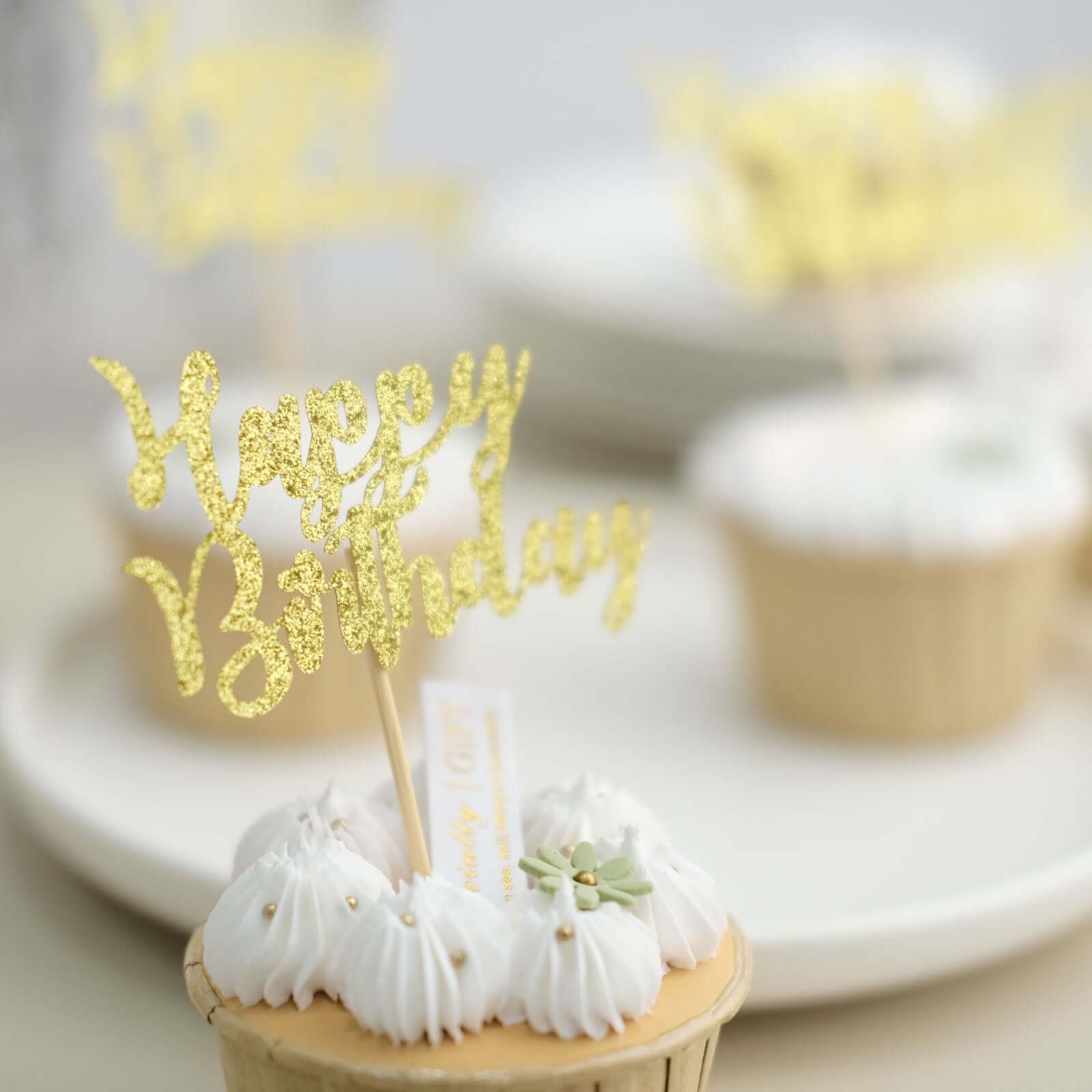 24-Pack Cupcake Toppers Glitter Gold Happy Birthday Design - Party Cake Picks Decoration Supplies - Image 13