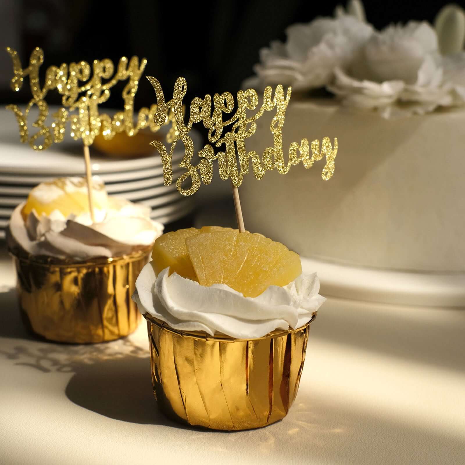 24-Pack Cupcake Toppers Glitter Gold Happy Birthday Design - Party Cake Picks Decoration Supplies - Image 14