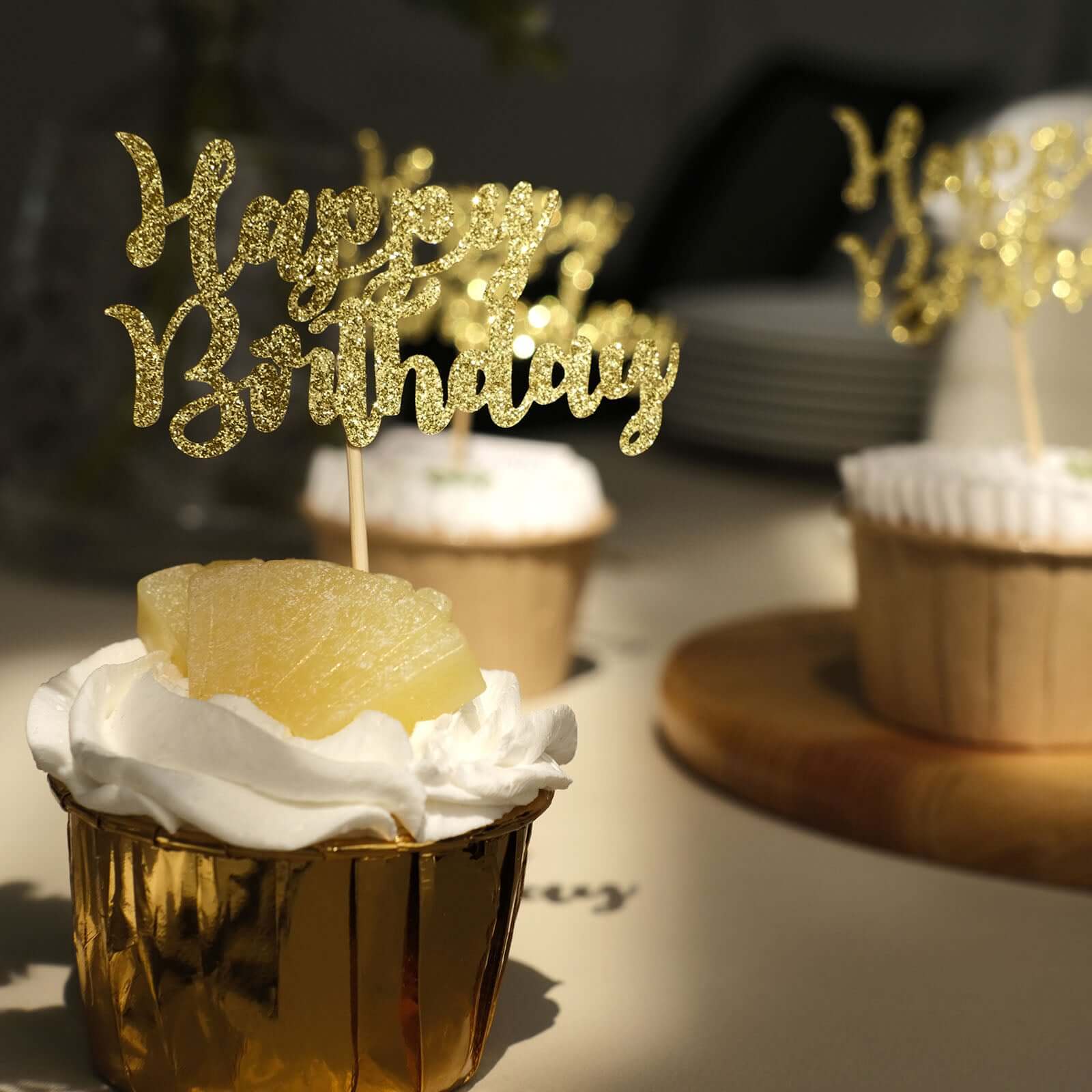 24-Pack Cupcake Toppers Glitter Gold Happy Birthday Design - Party Cake Picks Decoration Supplies - Image 19