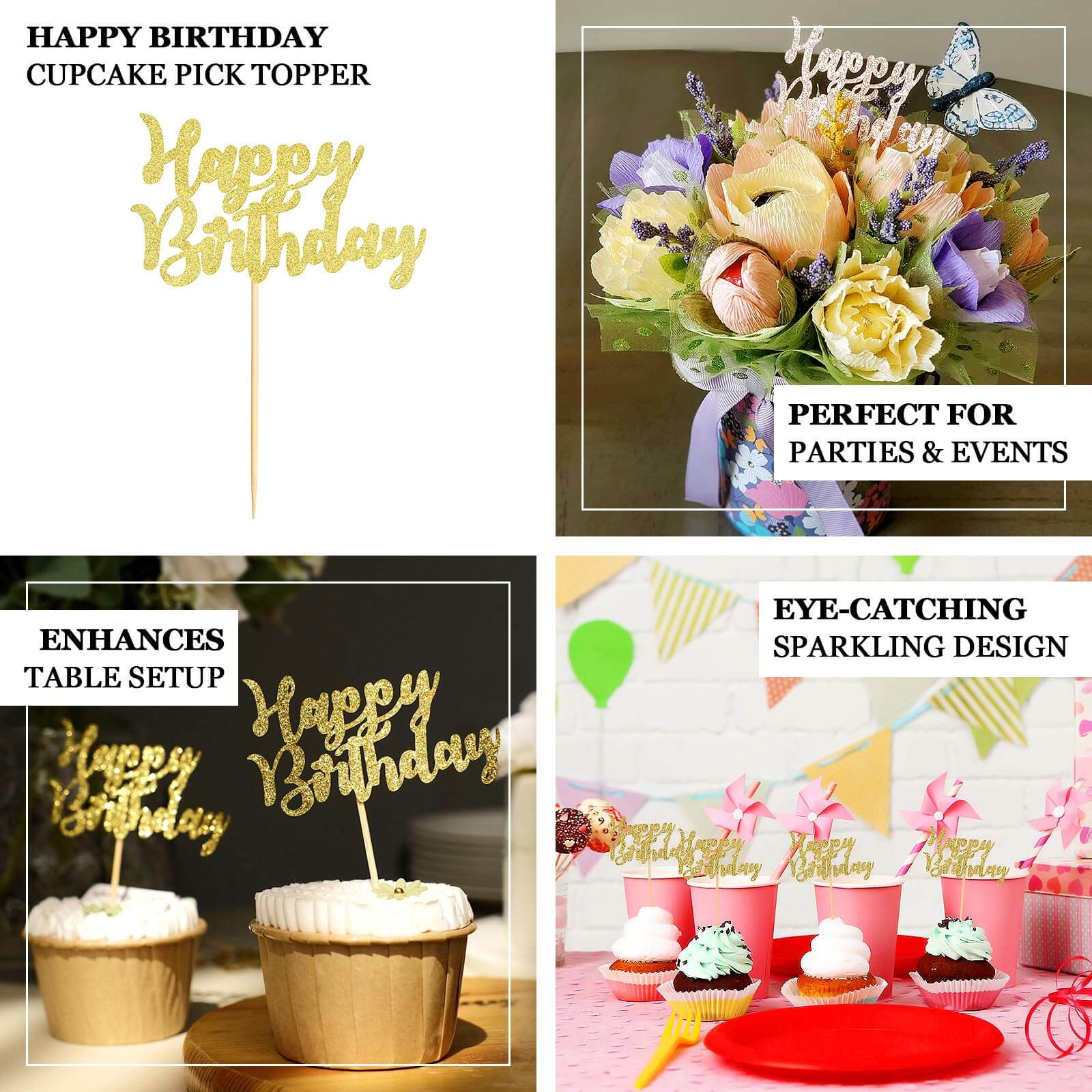 24-Pack Cupcake Toppers Glitter Gold Happy Birthday Design - Party Cake Picks Decoration Supplies - Image 4