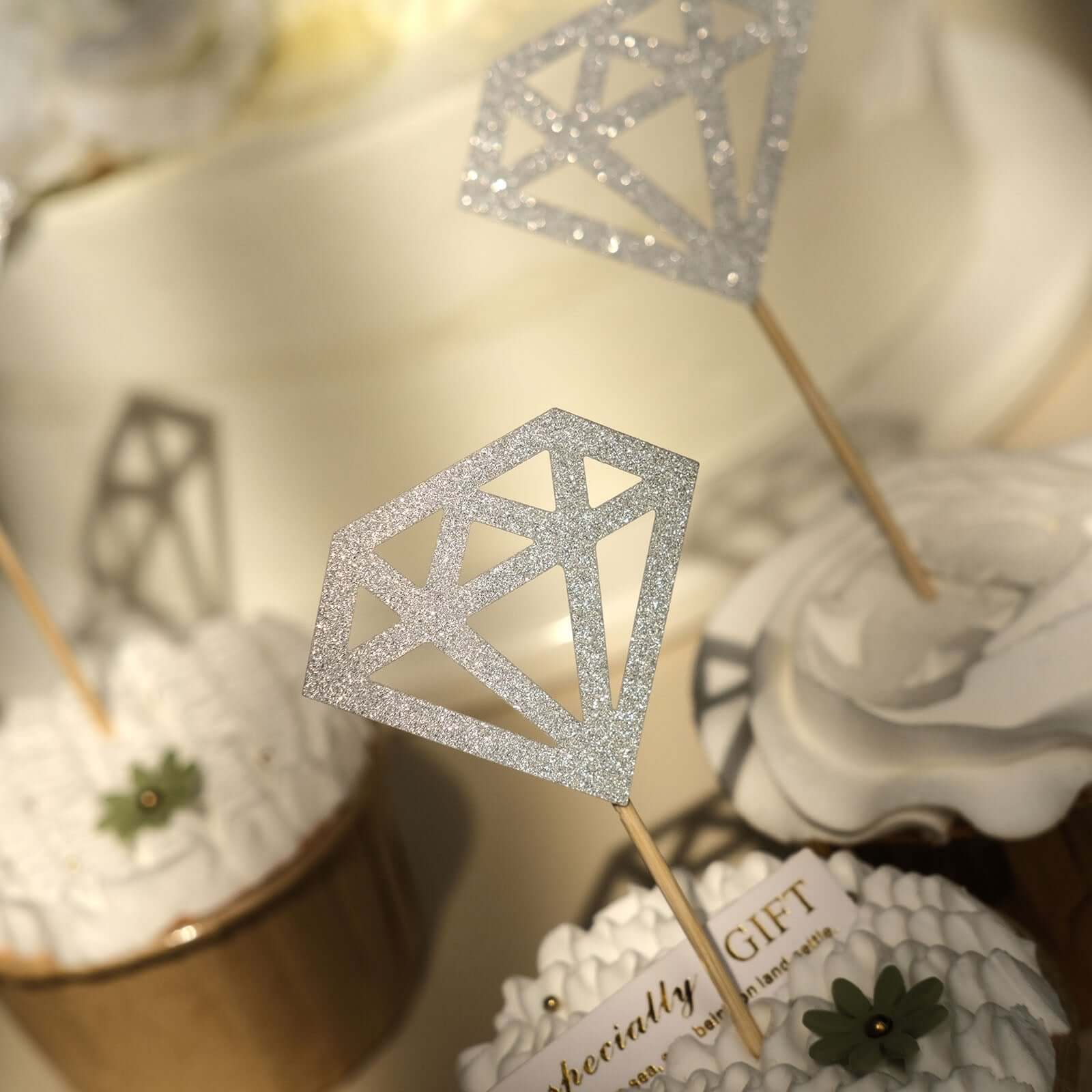 24-Pack Cupcake Toppers Silver Diamond Ring Design - Party Cake Picks Engagement Decoration Supplies - Image 19