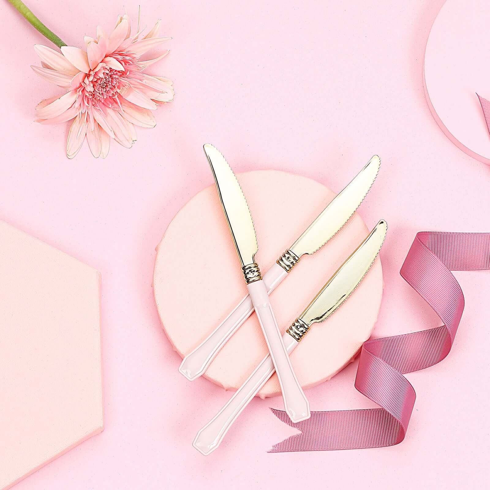 24 Pack Gold Heavy Duty Plastic Knives with Blush Handle, Disposable Silverware 7.5" - Image 9
