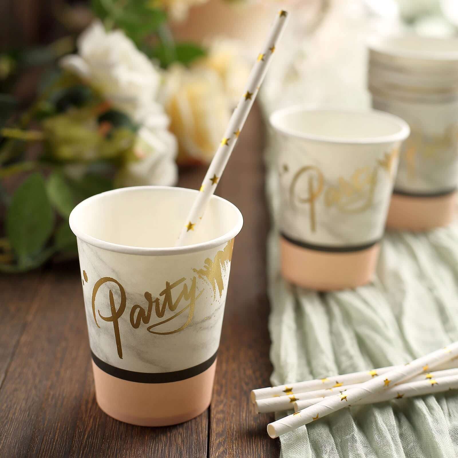 24-Pack Paper Cups 9oz Blush with Marble Top - Chic Disposable Party Cups for Events & All Purpose Use - Image 12