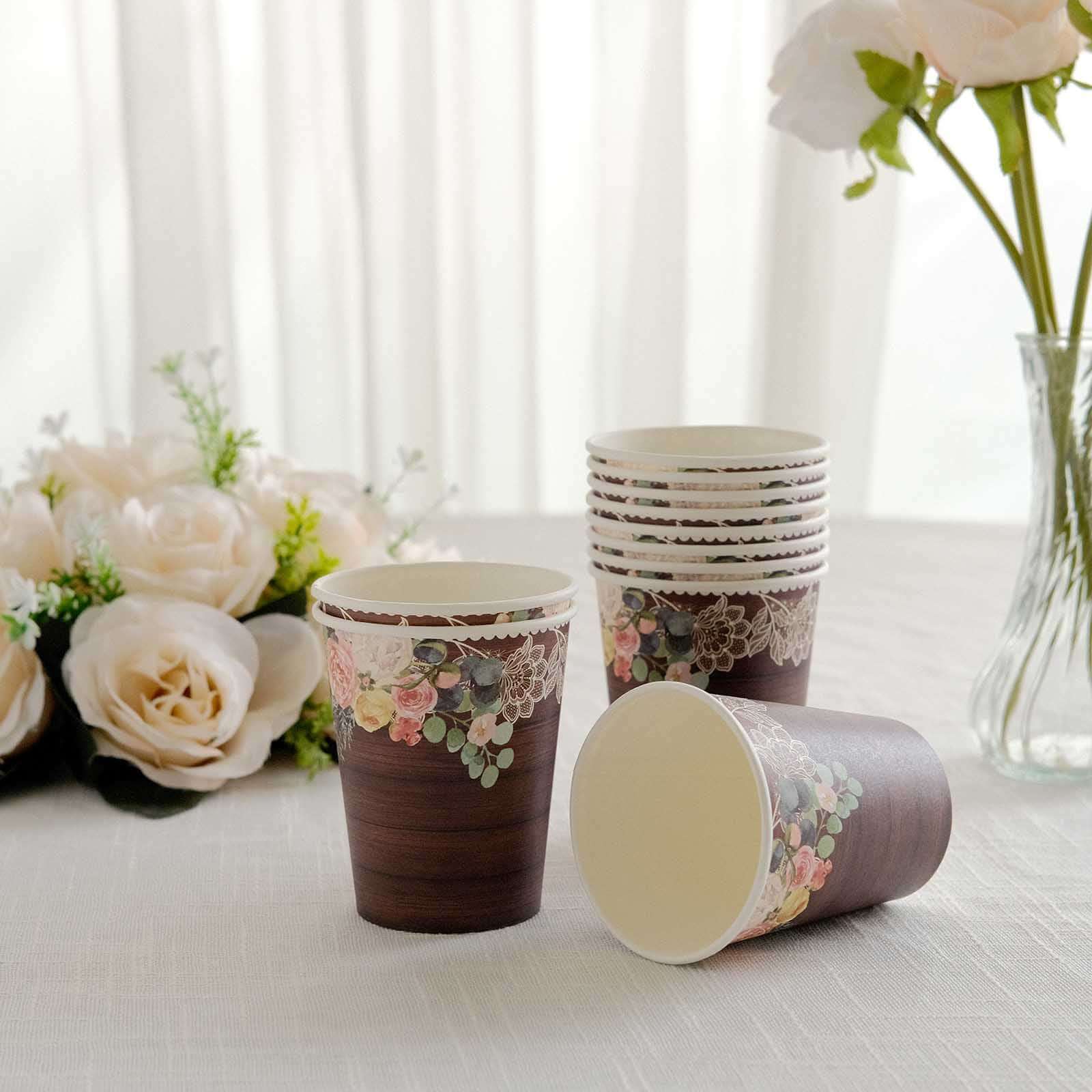 24-Pack Paper Cups 9oz Brown Wood Print with Floral Lace Rim - Rustic Disposable Party Cups for Farmhouse Events & Country Gatherings - Image 6