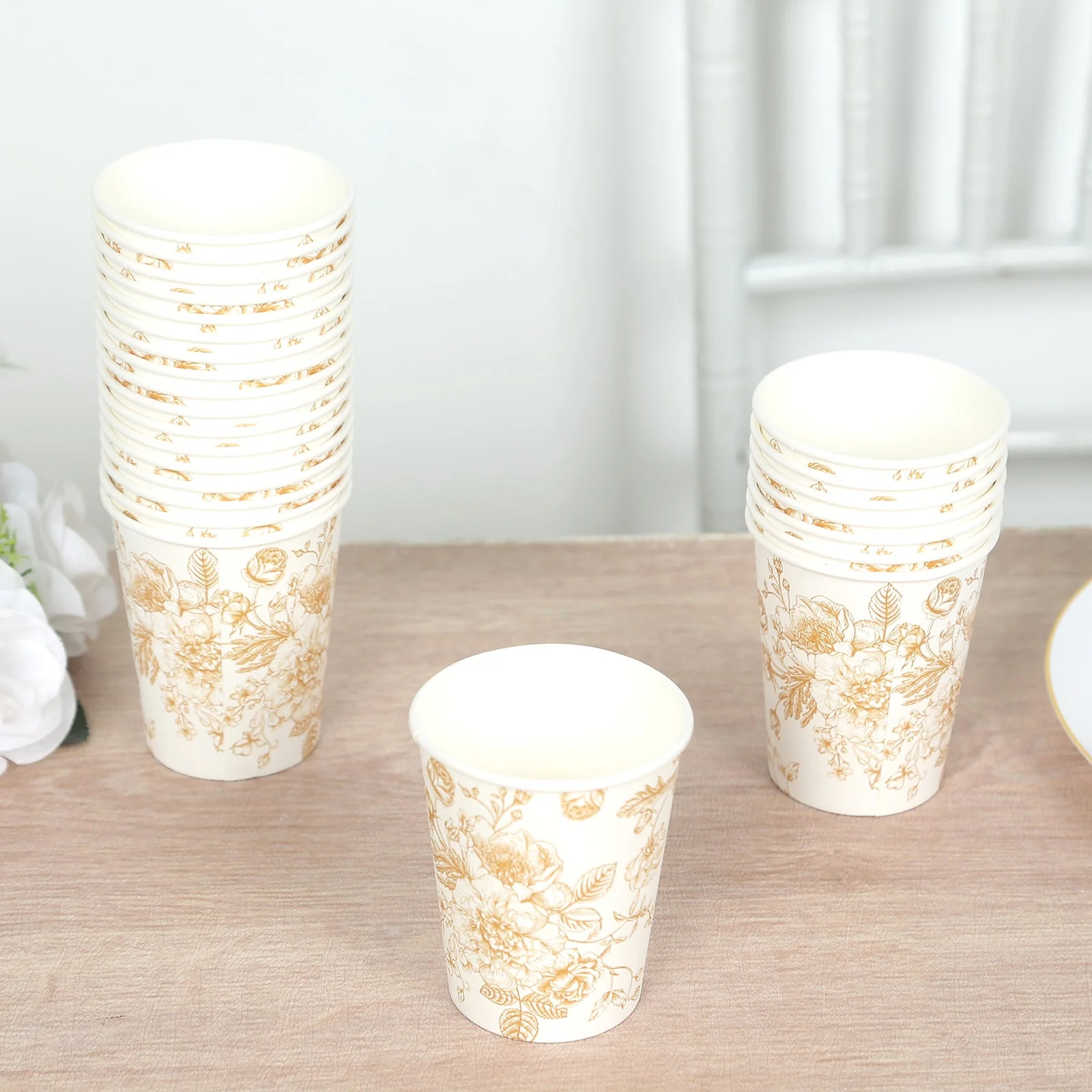24-Pack Paper Cups 9oz White with Gold French Toile Print - Chic Disposable Floral Party Cups for Hot & Cold Beverages - Image 5