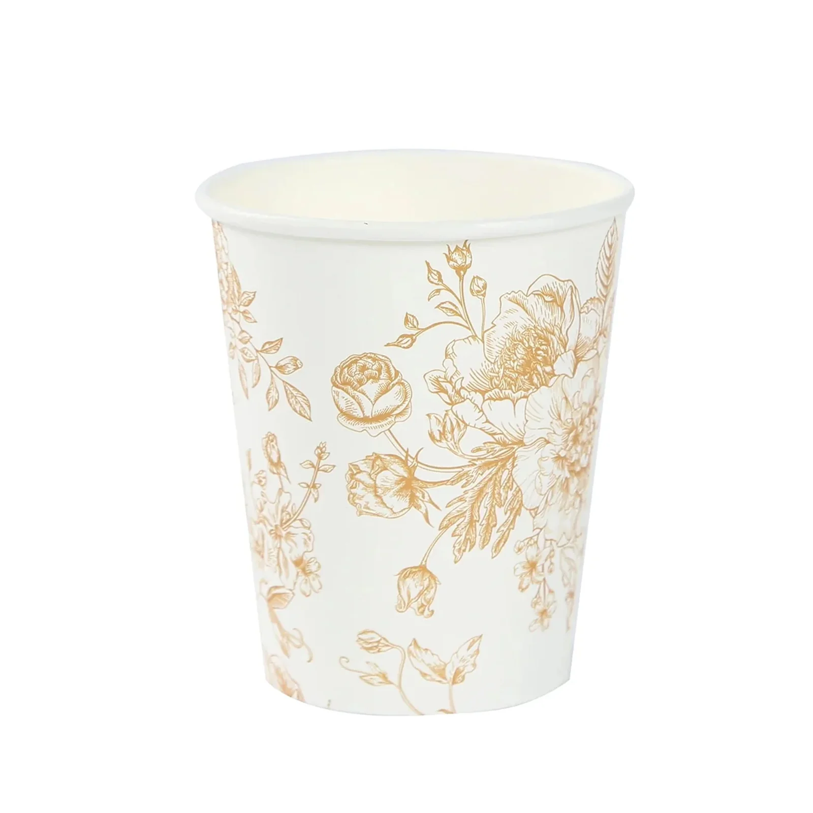 24-Pack Paper Cups 9oz White with Gold French Toile Print - Chic Disposable Floral Party Cups for Hot & Cold Beverages - Image 7