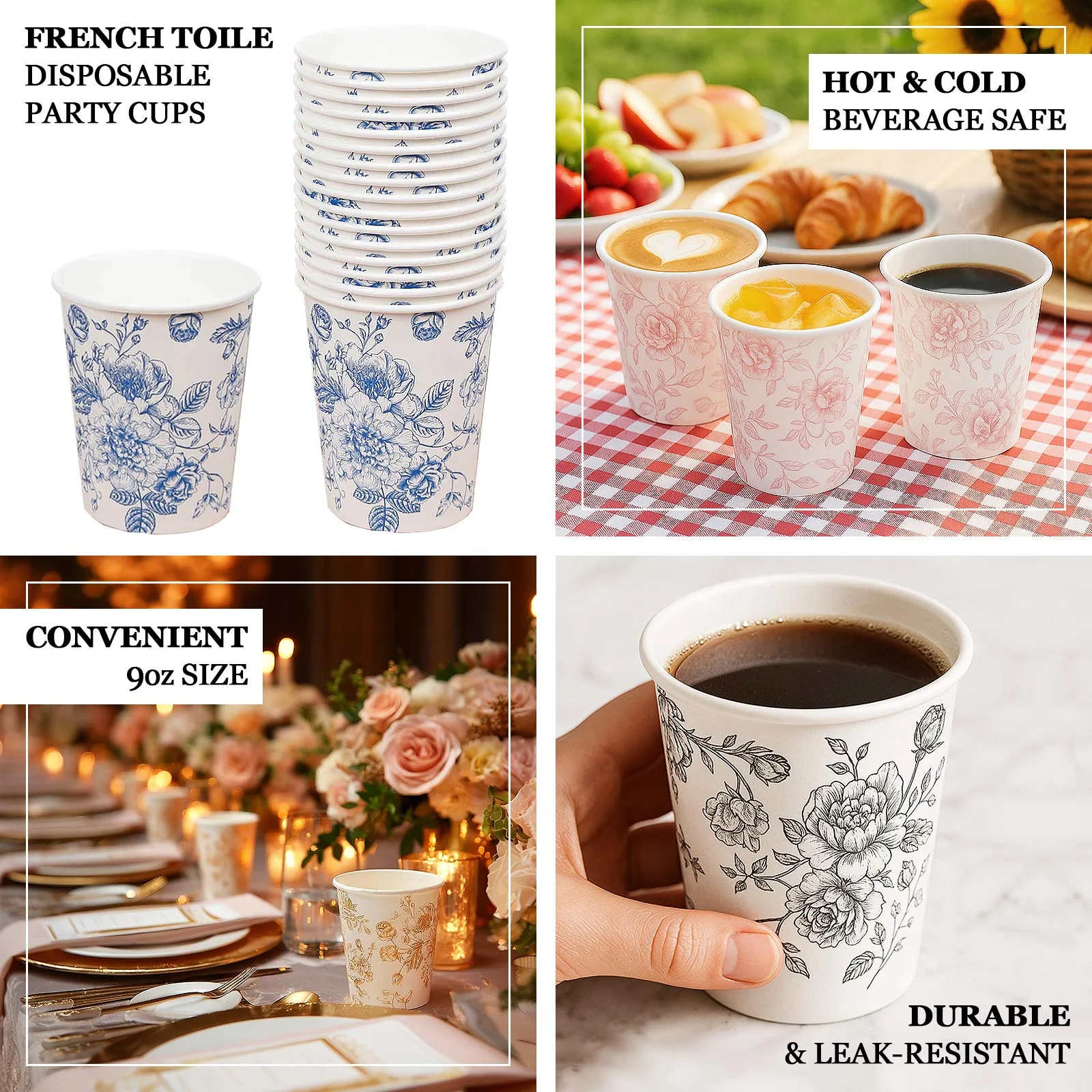 24-Pack Paper Cups 9oz White with Lavender Lilac French Toile Print - Chic Disposable Floral Party Cups for Hot & Cold Beverages - Image 4