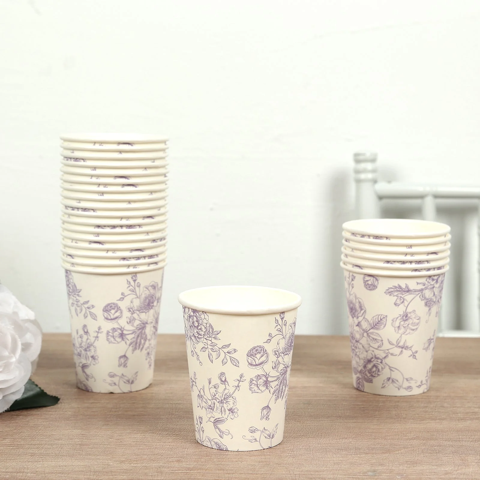 24-Pack Paper Cups 9oz White with Lavender Lilac French Toile Print - Chic Disposable Floral Party Cups for Hot & Cold Beverages - Image 7