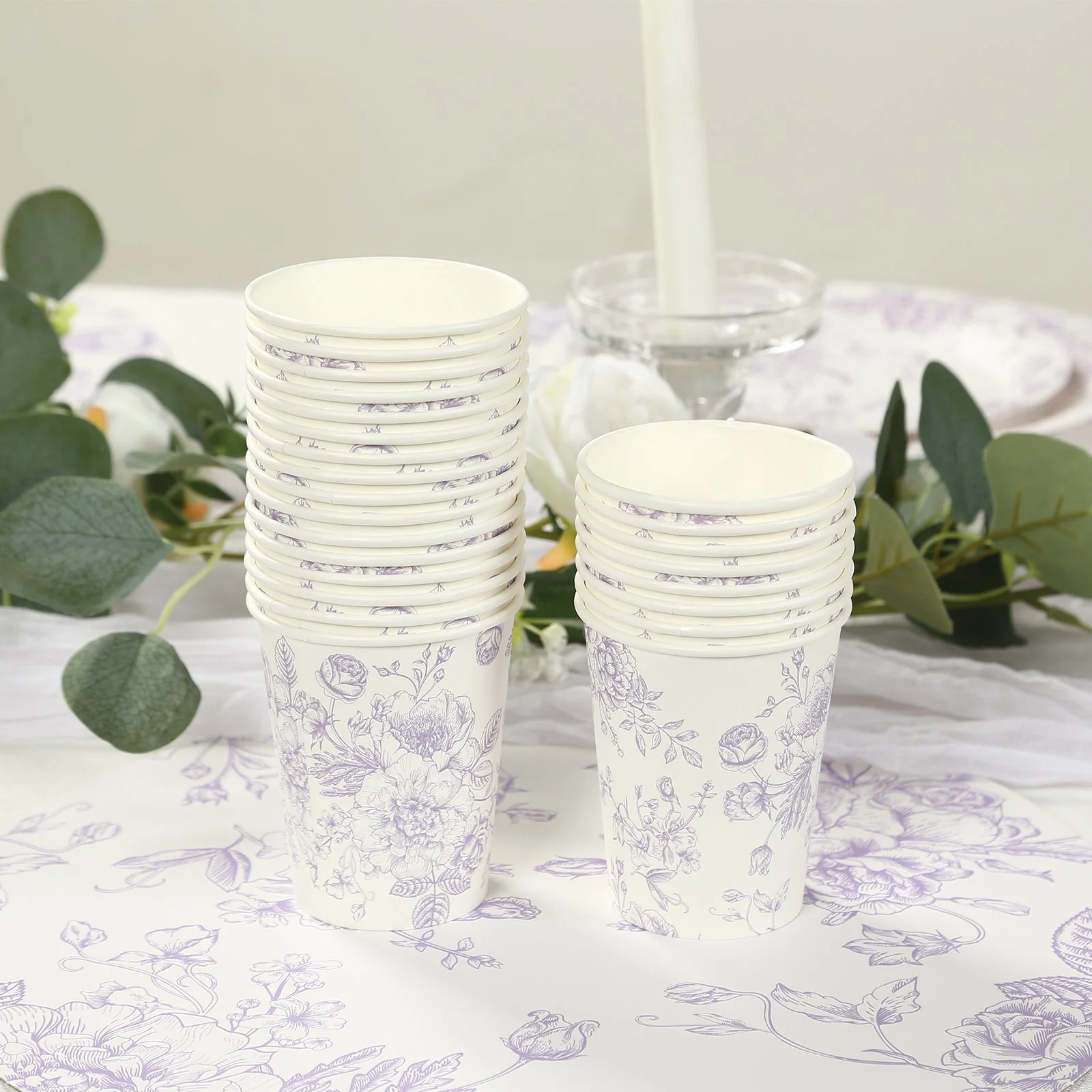 24-Pack Paper Cups 9oz White with Lavender Lilac French Toile Print - Chic Disposable Floral Party Cups for Hot & Cold Beverages - Image 8