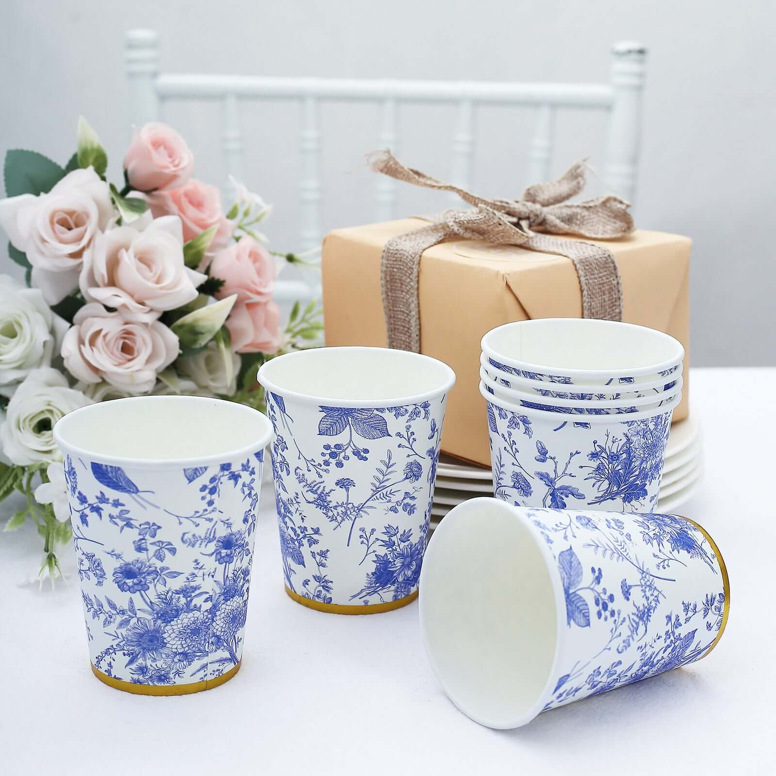 24 Pack Paper Cups in White Blue French Toile Pattern with Gold Rim, Elegant Disposable Party Cups - 9oz - Image 2