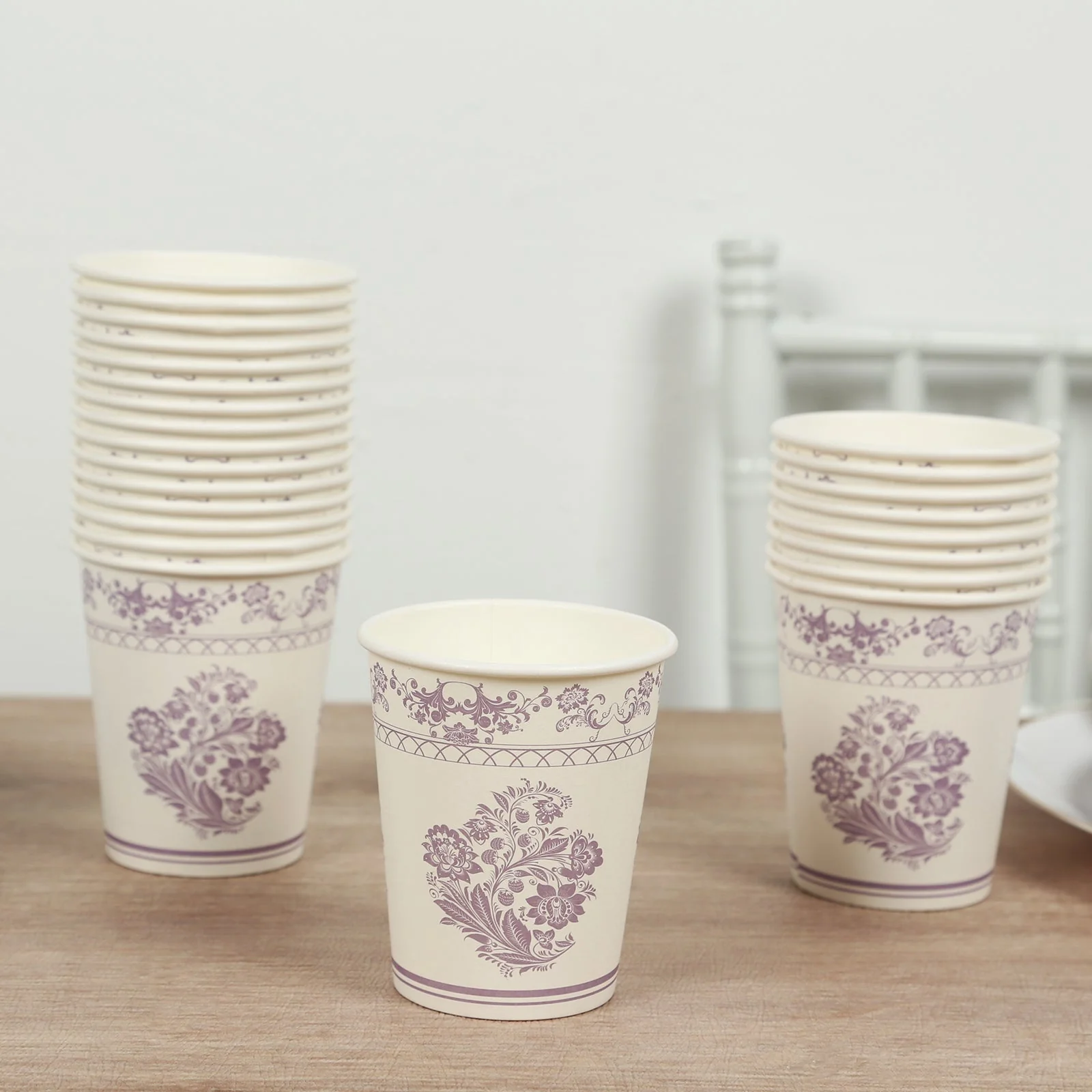 24 Pack Paper Cups in White Lavender Damask Floral Pattern, Elegant Disposable Party Cups - 9oz - Image 5