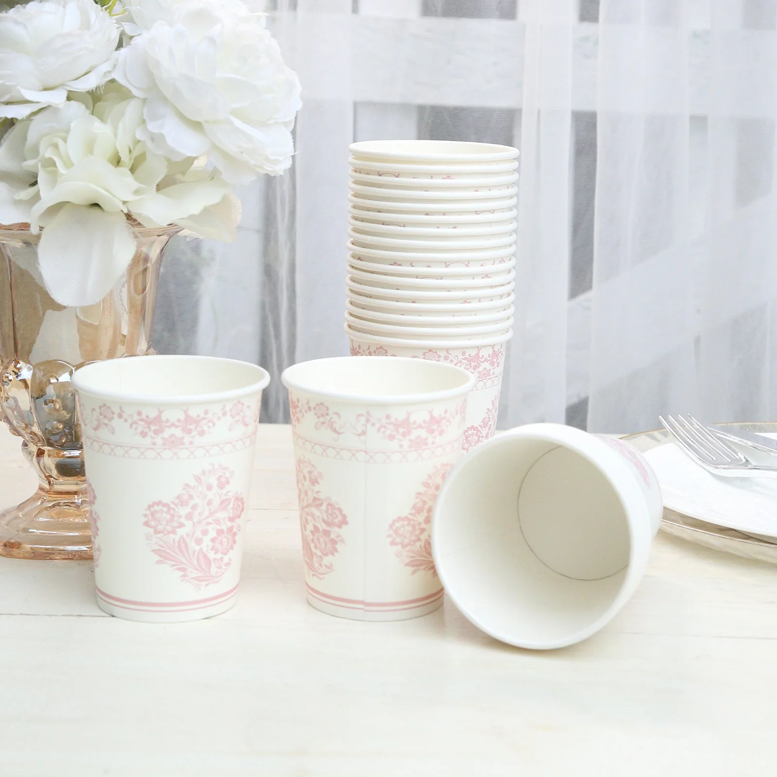 24 Pack Paper Cups in White Pink Damask Floral Pattern, Elegant Disposable Party Cups - 9oz - Image 2