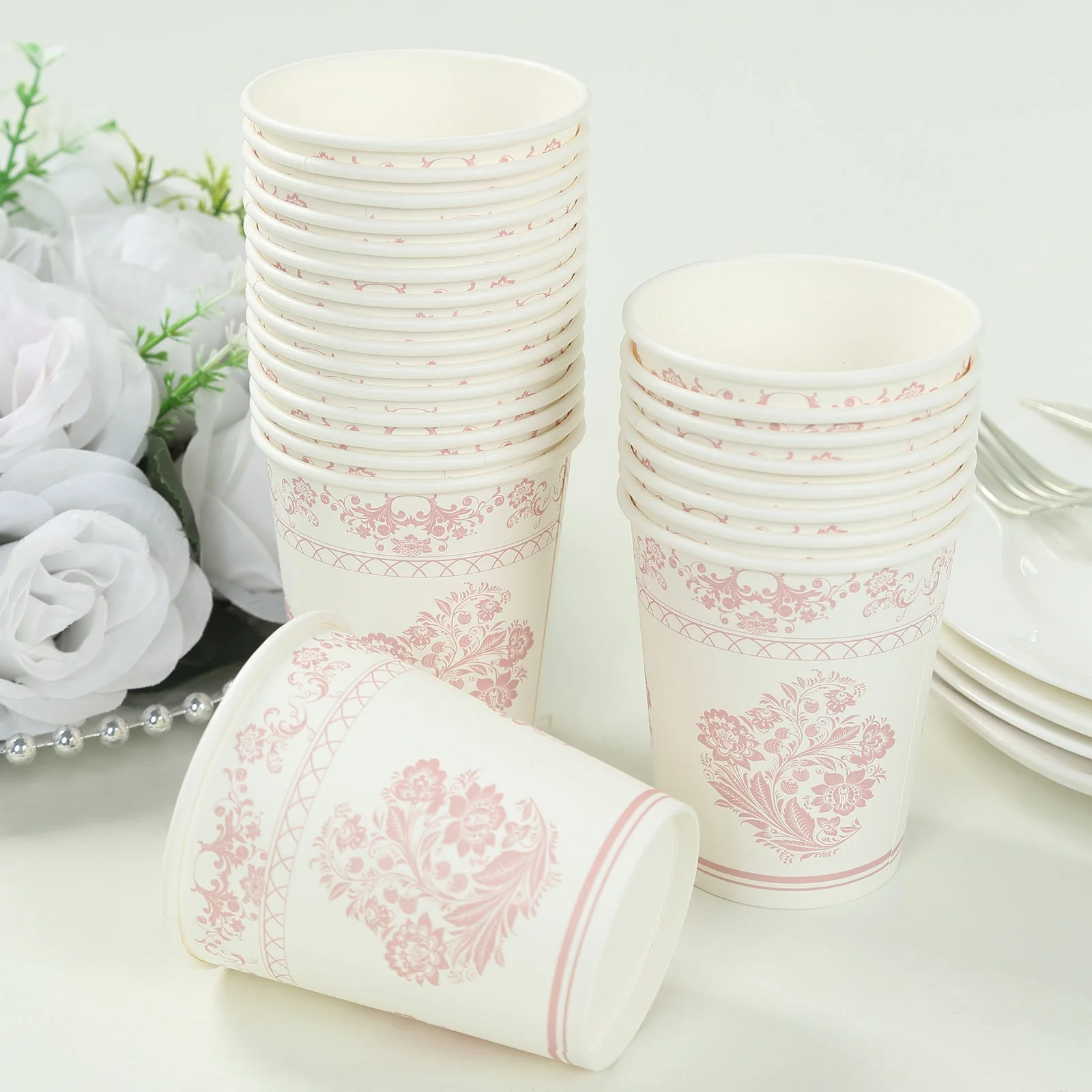 24 Pack Paper Cups in White Pink Damask Floral Pattern, Elegant Disposable Party Cups - 9oz - Image 4