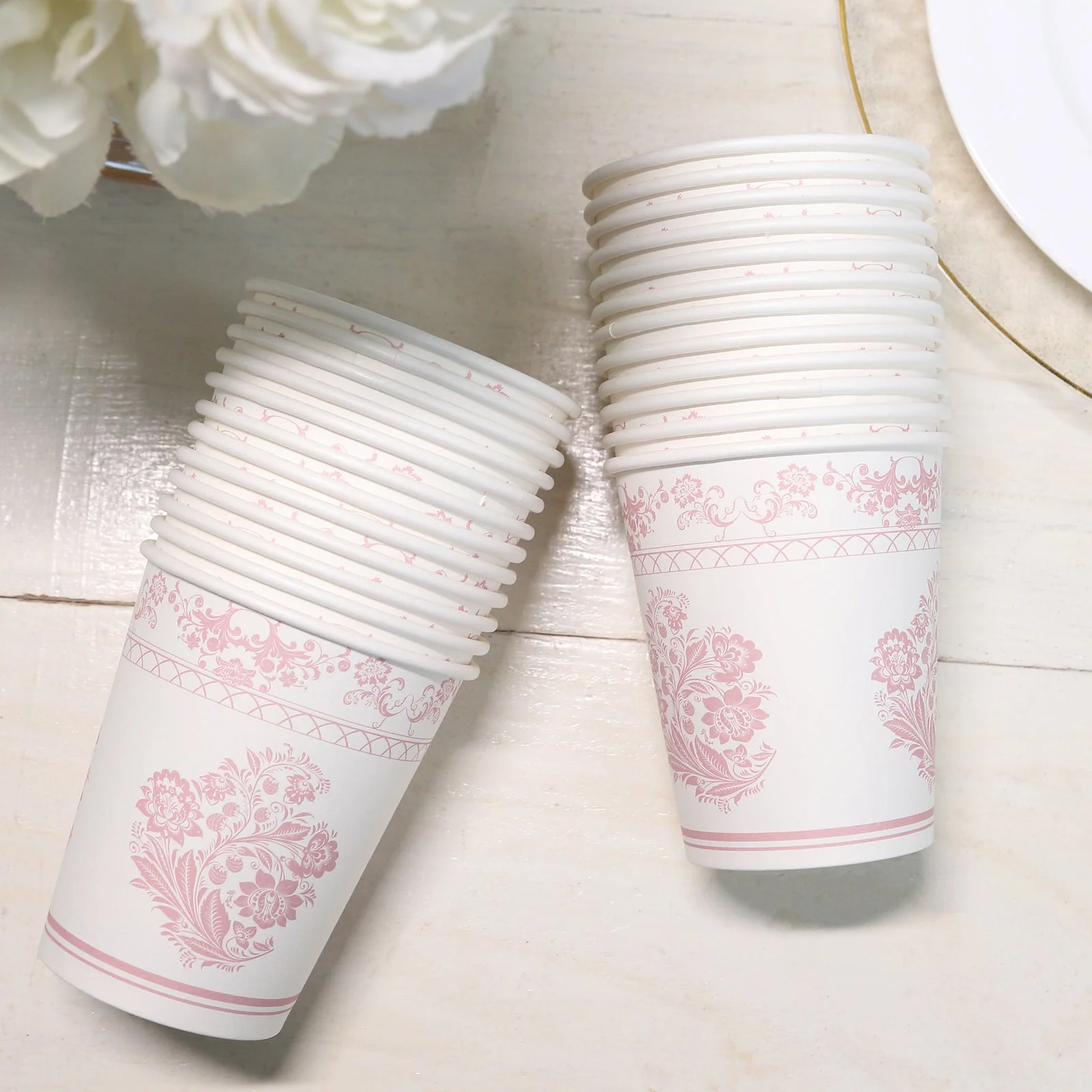 24 Pack Paper Cups in White Pink Damask Floral Pattern, Elegant Disposable Party Cups - 9oz - Image 5