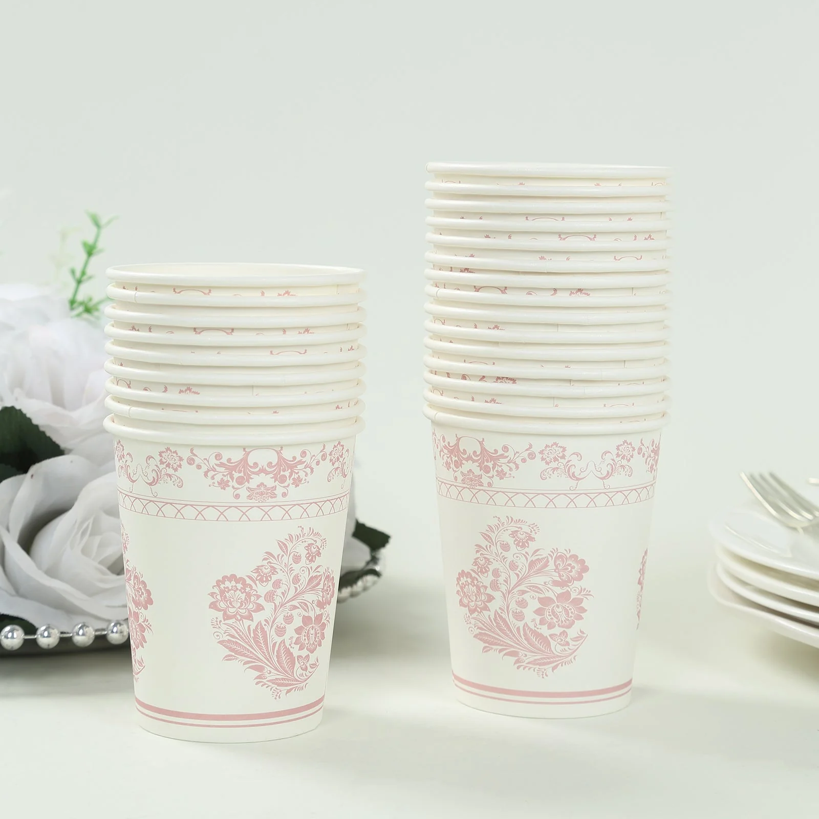 24 Pack Paper Cups in White Pink Damask Floral Pattern, Elegant Disposable Party Cups - 9oz - Image 6