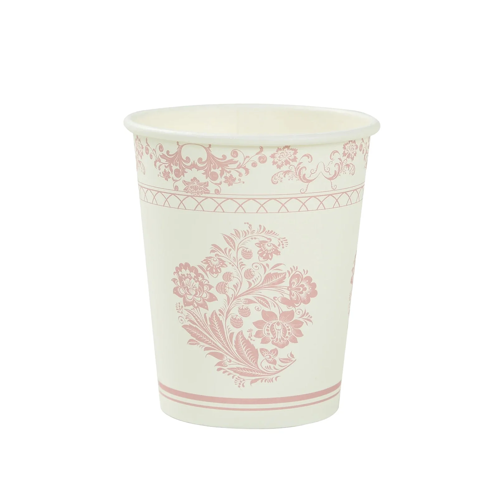 24 Pack Paper Cups in White Pink Damask Floral Pattern, Elegant Disposable Party Cups - 9oz - Image 7