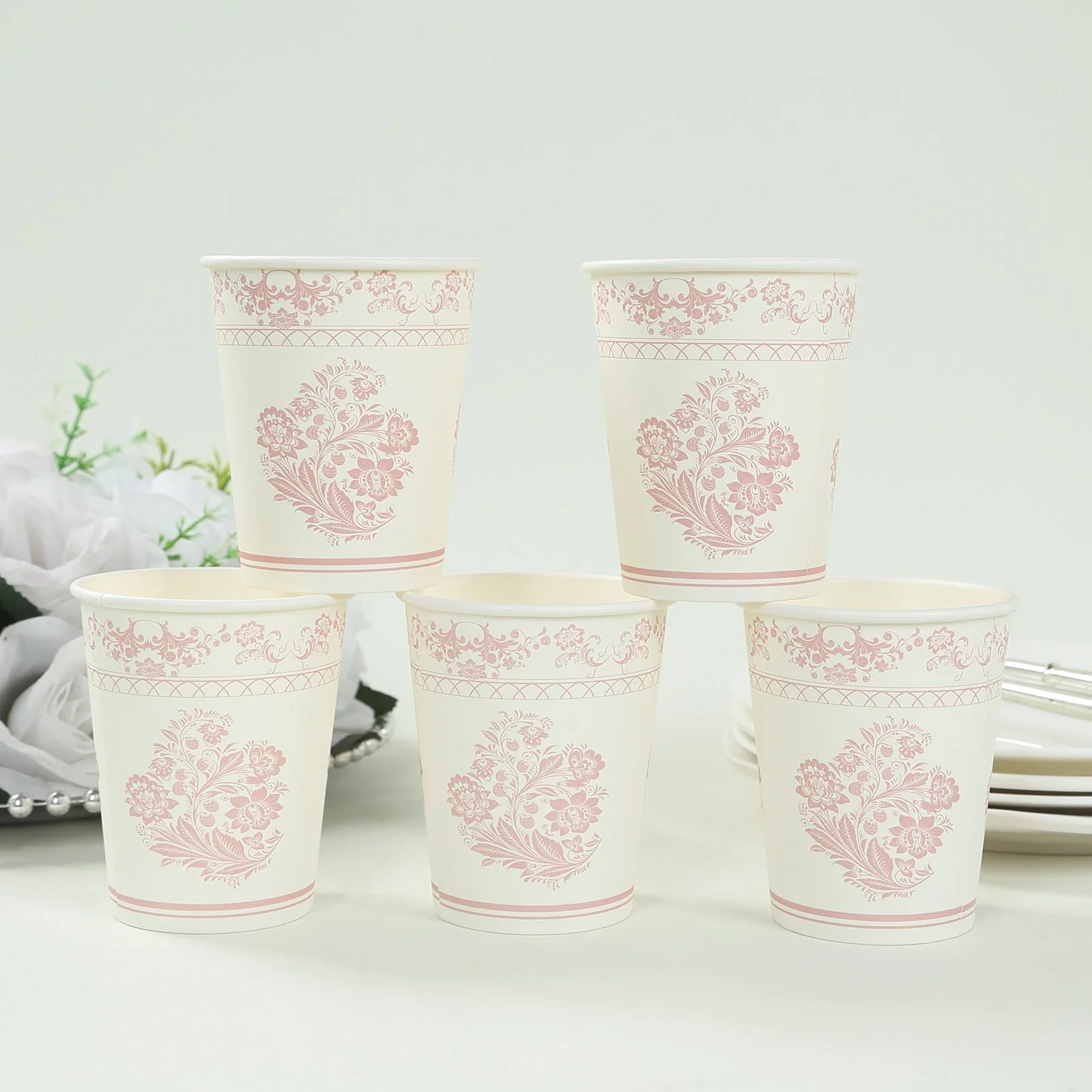 24 Pack Paper Cups in White Pink Damask Floral Pattern, Elegant Disposable Party Cups - 9oz - Image 8