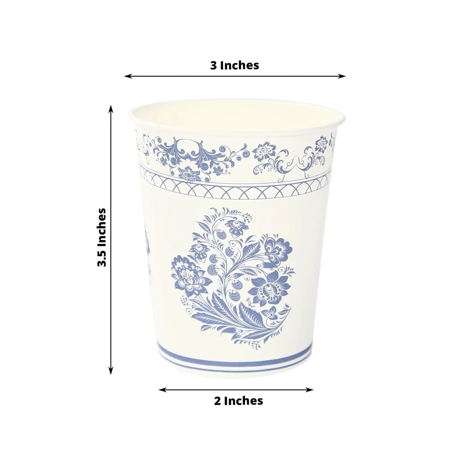 24 Pack Paper Cups in White Royal Blue Damask Floral Pattern, Elegant Disposable Party Cups - 9oz - Image 3