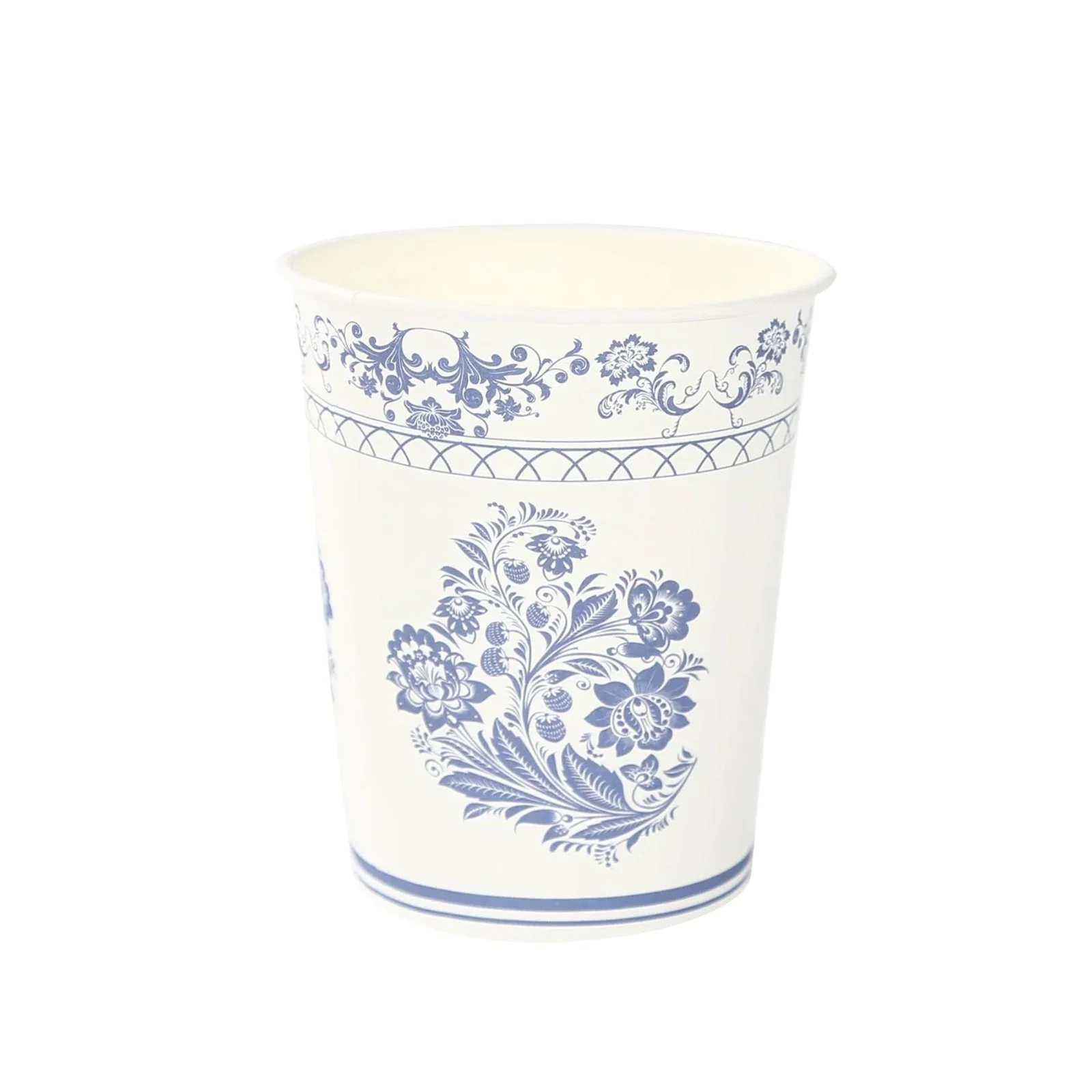 24 Pack Paper Cups in White Royal Blue Damask Floral Pattern, Elegant Disposable Party Cups - 9oz - Image 6